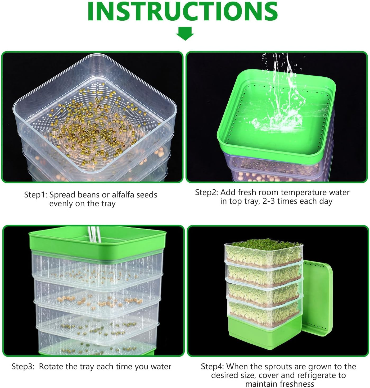 Stackable Sprouter Kit 4 Tier, Seedling Starter Tray with Lid, Wheatgrass Seeds Grower Storage Trays, Microgreens Growing Trays Nursery Tray Seed Germination Tray (With Sunshade) image number 5