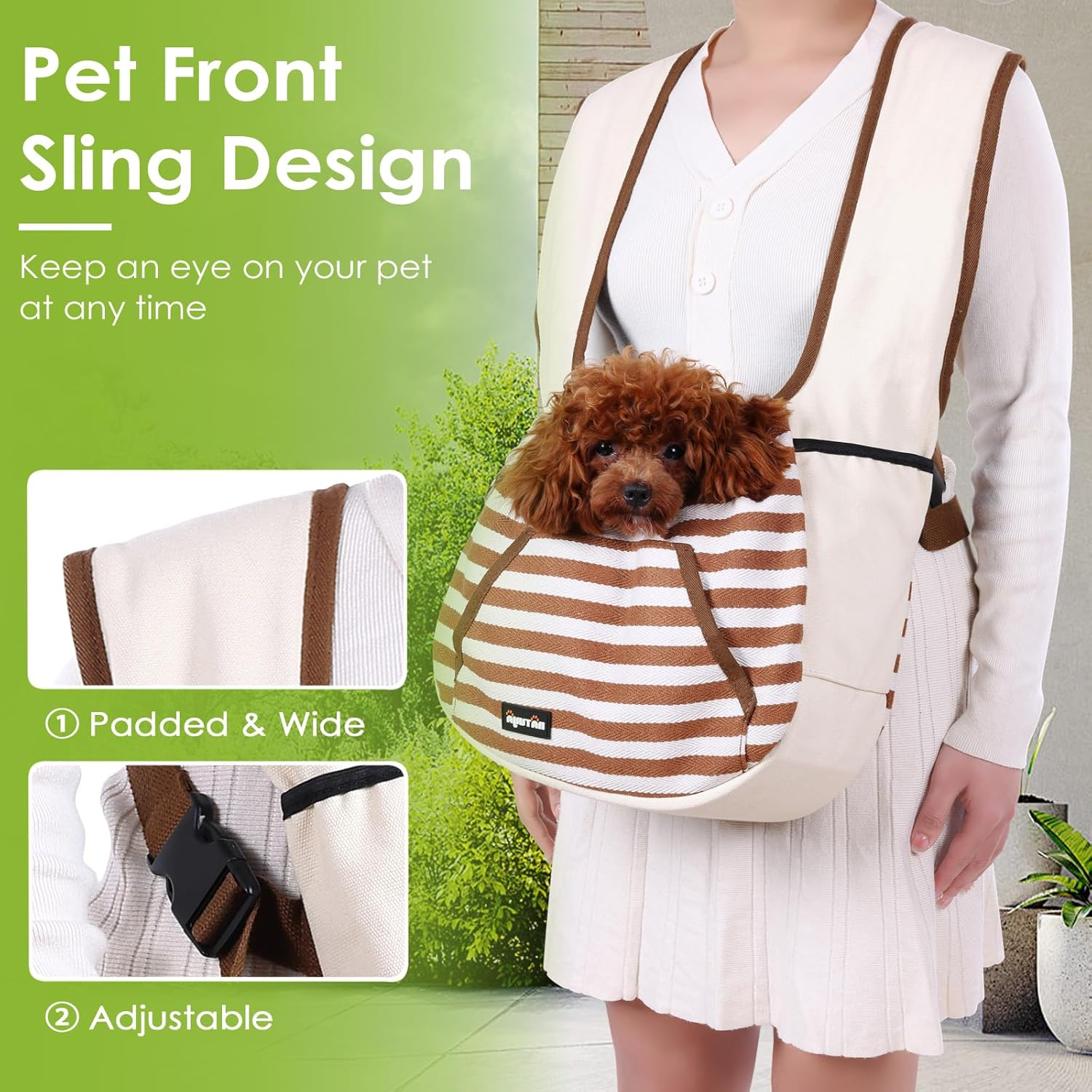 NATUYA Dog Sling Puppy Carrier for Small Dogs with Openable Front Breathable Mesh, Hands Free Pet Sling Travel Bag Adjustable Padded Strap Pockets Large Space (Khaki, 3-11 Lb) image number 1