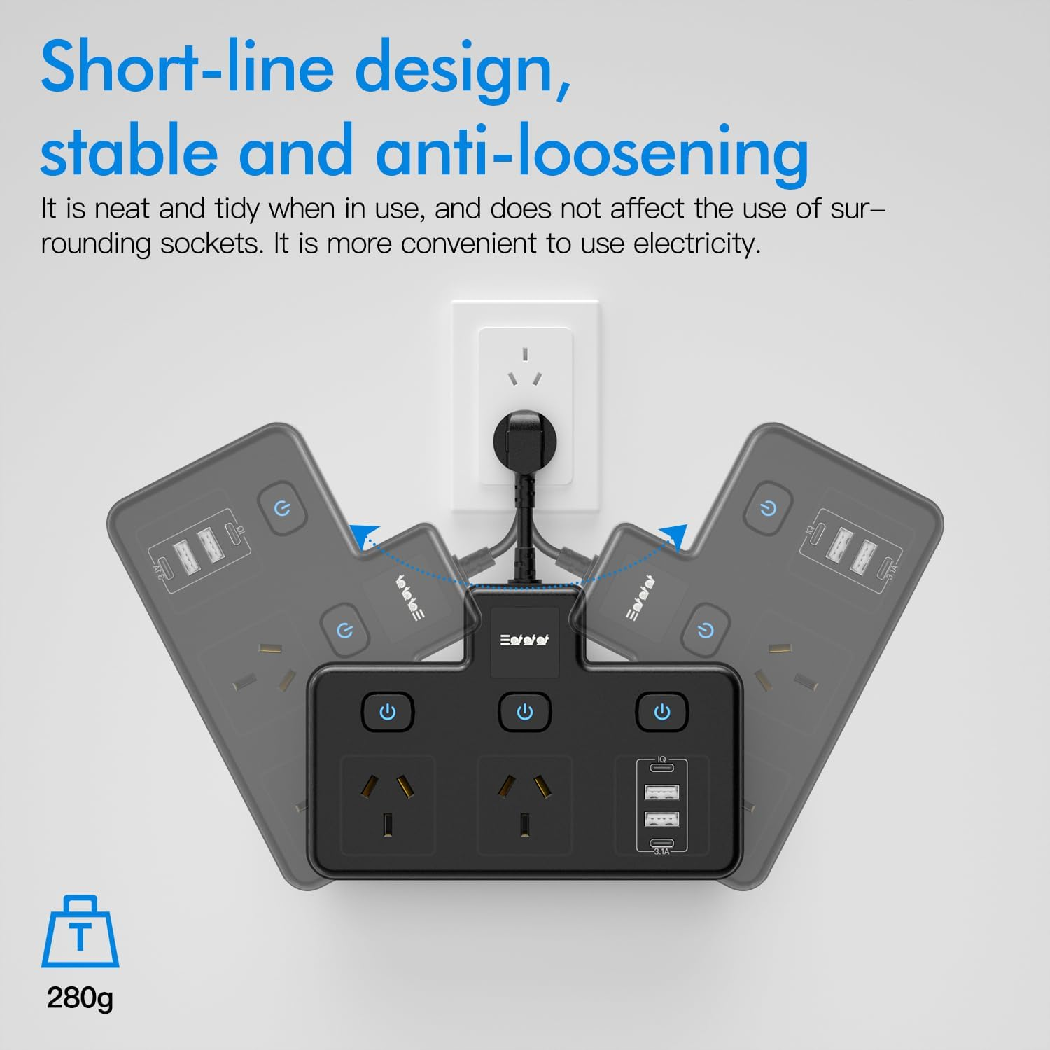 BOCHLION Power Strip with Independent Switches and Night Light Features Plug Extension Socket with 4 USB Ports (2 USB C and 2 USB A), Household Wall Socket Plug Extender, Travel. (Black) image number 1