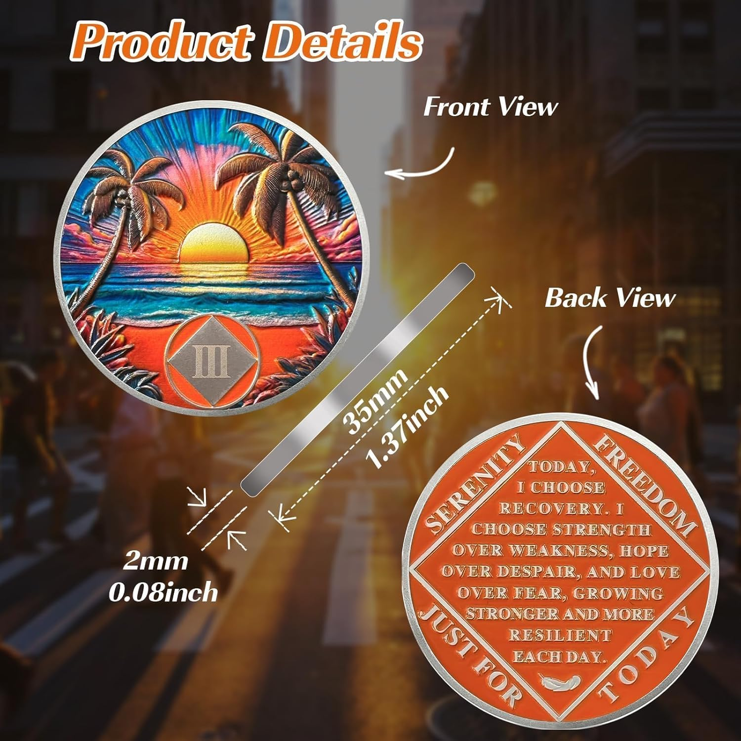 Beach Sunset 3 Year Sobriety Coin- Affirmation Sober Chip and AA Medallion, Alcoholics Anonymous Sobriety Gifts, Addiction Recovery Coin for Men and Women image number 4