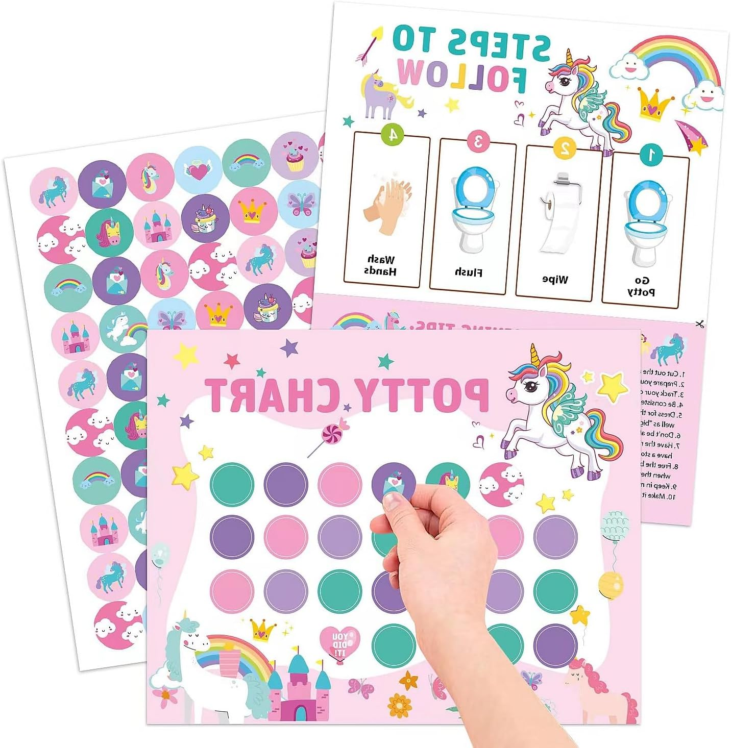 Unicorn Potty Training Rewards Sheet with Stickers - Potty Training Stickers Pictured Are Girls and Boys, Potty Training Rewards Pictured Are Children, Potty Training Rewards Pictured Are Children image number 5