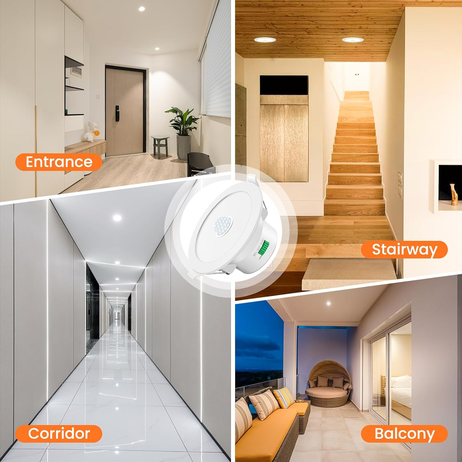 ALUSSO 12W LED Motion Sensor Downlight,3Cct 3000K 4000K 6500K 90-100Mm Cutout,Ip44 Suitable for Stairway Corridor Balcony,1 Pcs,White