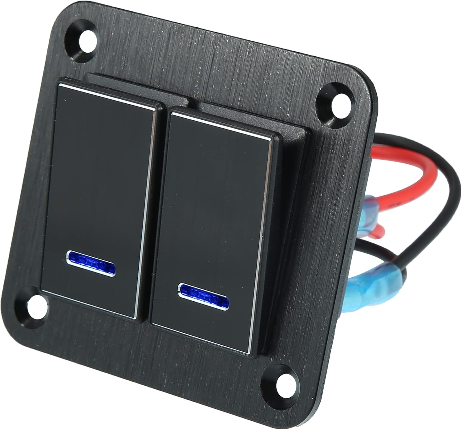 X AUTOHAUX 2 Gang Rocker Switch Panel 3 Pin on off Pre-Wired Toggle Switch Control Waterproof Aluminum Alloy Blue LED Light Push Button for 12V 24V Black - Silver Tone image number 2