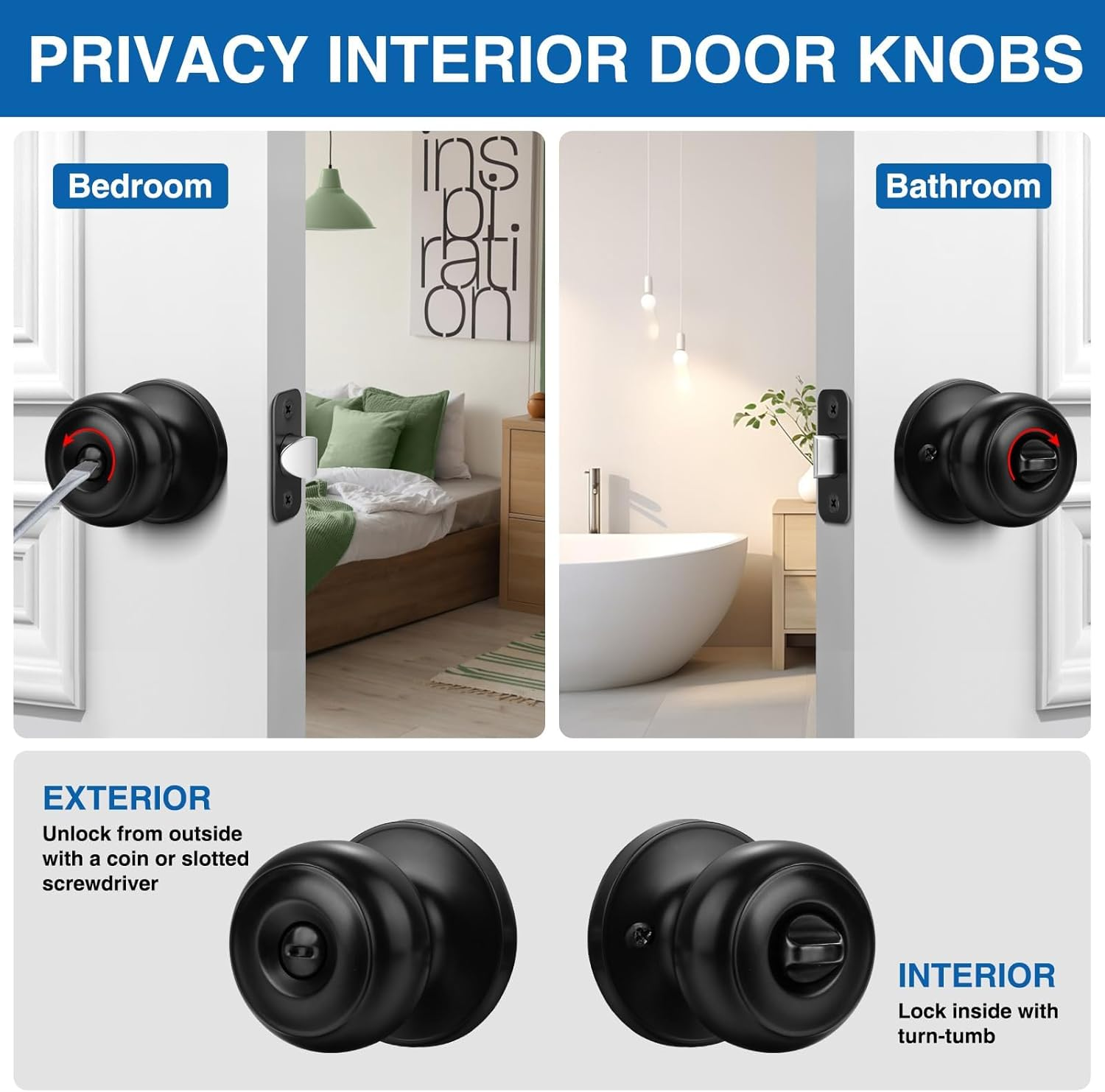 Sopoby Privacy Door Knob, 10 Pack Matte Black round Keyless Doorknobs Interior/Exterior Lockset, Privacy Locking Door Knobs for Bedroom/Bathroom, Black Modern Design Door Hardware image number 1