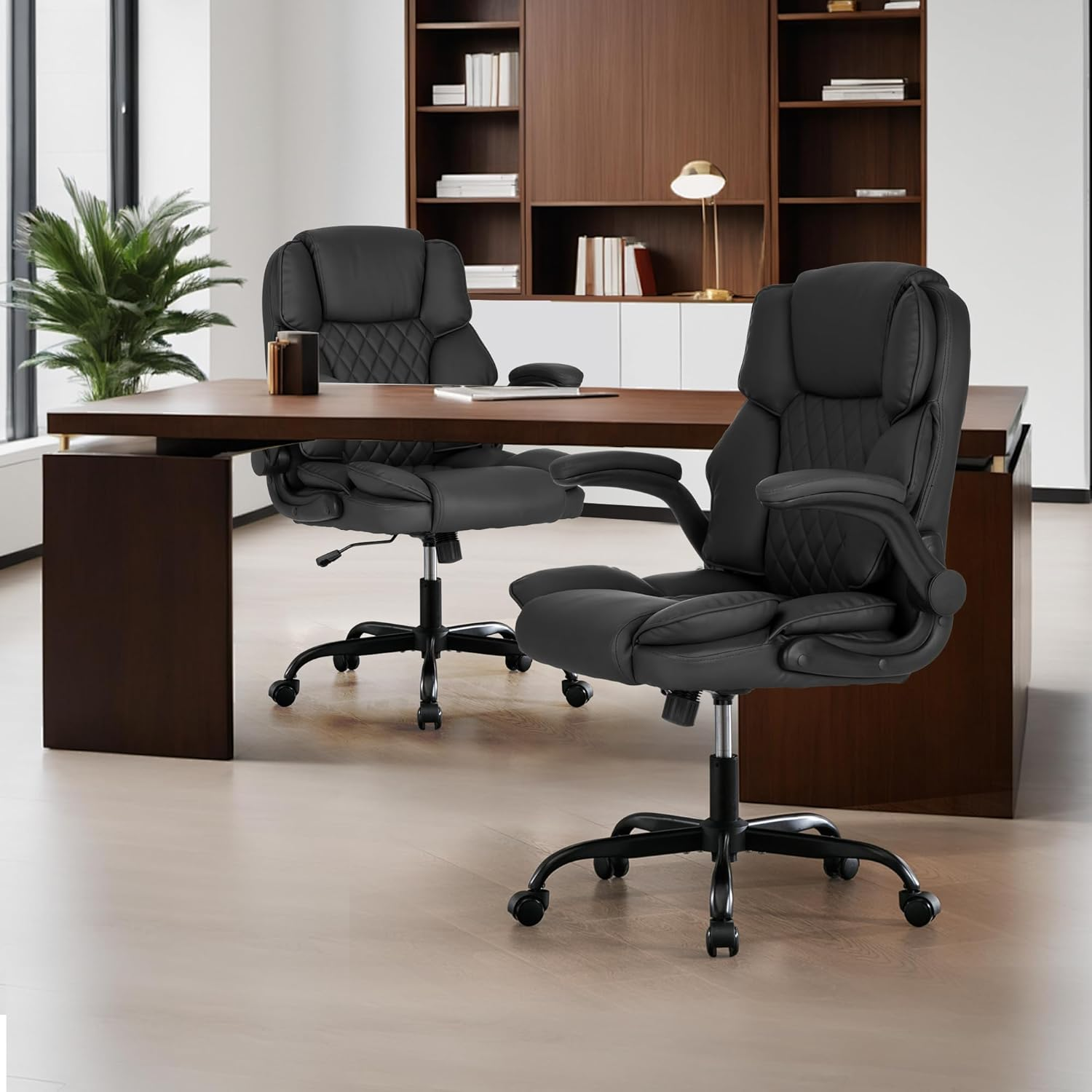 Okeysen Ergonomic Office Desk Chair, Mid Back Adjustable Executive Chair, Home Computer Desk Chair with Flip-Up Arms, 360&deg; Swivel Conference Room Chairs with Rocking Function (Black) - Brown image number 2