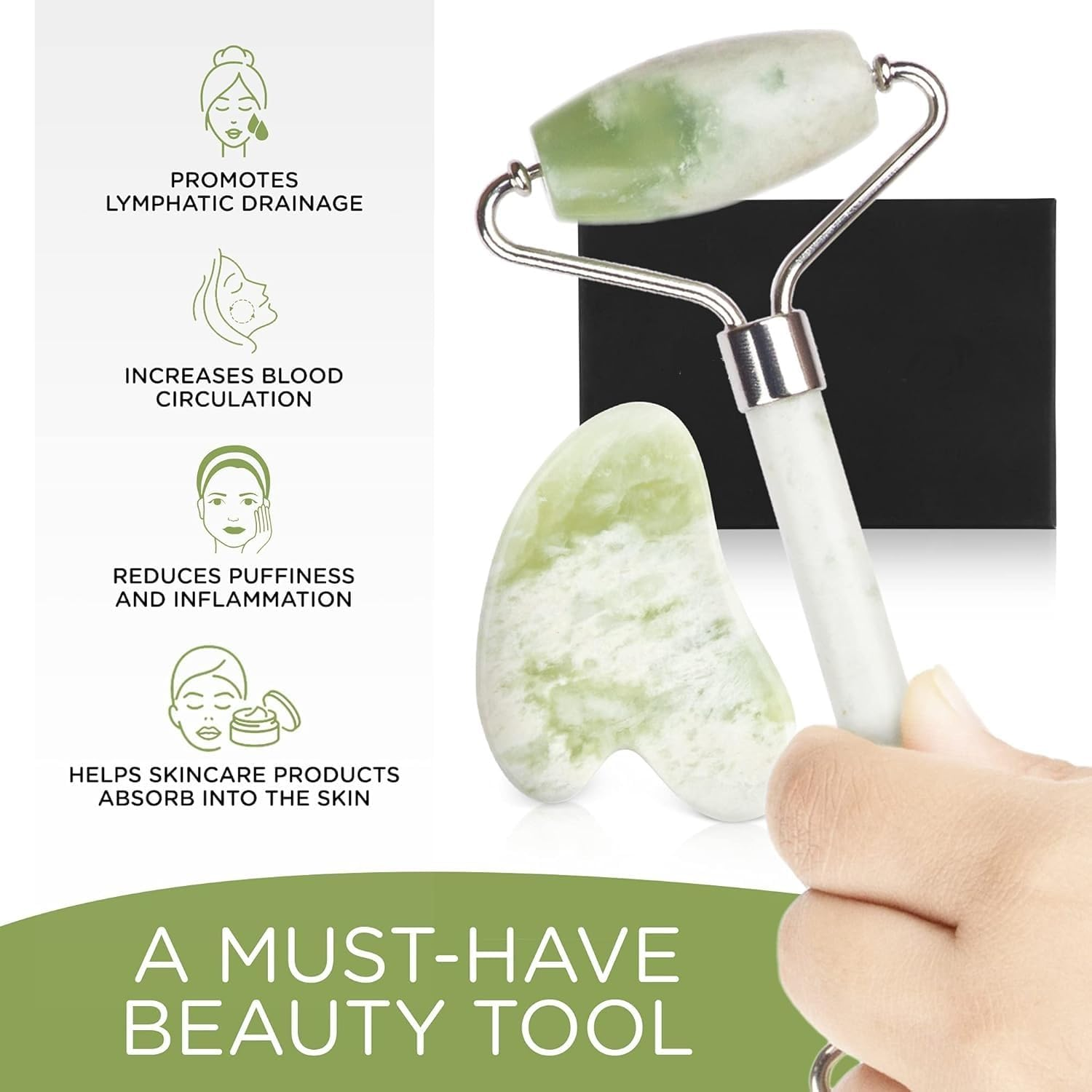 Jade Roller and Gua Sha Set - Jade Stone Face Roller, Dual Sided Massage Roller Stimulates Blood Flow, Relieves Stress (Green, One Size)
