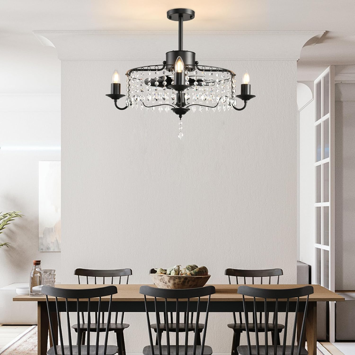 Jaycomey 19.6In Crystals Ceiling Fan with Lights, Bladeless Black Fandelier Ceiling Fan with Remote, Industrial Flush Mount Ceiling Fan Lights Ceiling Fixtures for Kitchen Bedroom (6 Speed, Timing) - Blackcrystal/19.6Inch/Round/Cage image number 3