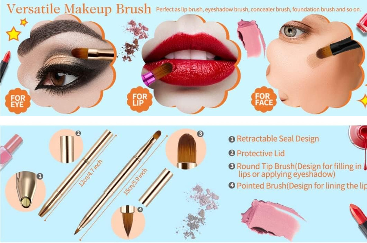 Retractable Eyebrow Eyelash Lip Brush Makeup Brush Double-Sided Soft with Cap Concealer Eyeliner for Travel Cosmetic Brushes, Gold Color - Dual End Retractable Brushes Gold image number 6