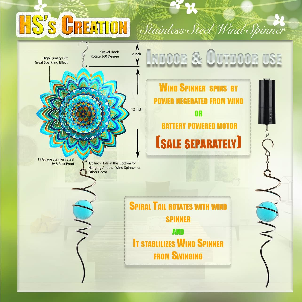 Hs'S Creation Wind Spinner Hanging Kinetic 19 Gauge 3D Metal with Swivel Hooks Sun Catcher for Outdoor Garden Decoration Handcrafted Art Gift Ornaments Sculpture Mandala Lucky Halo 12 Inch image number 5