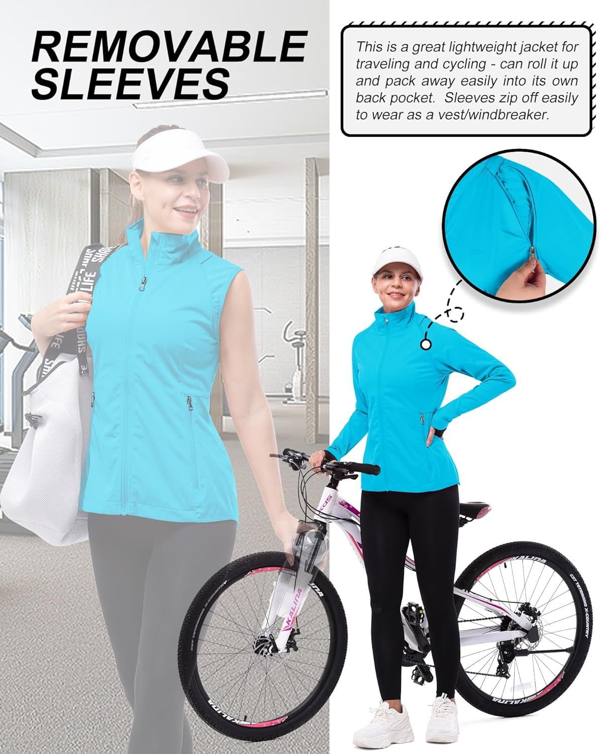 33,000Ft Women'S Waterproof Cycling Jacket High Visibility Reflective Jacket Lightweight Running Vest Breathable Rain Jacket with Removable Sleeves Ladies Bike Coat image number 3