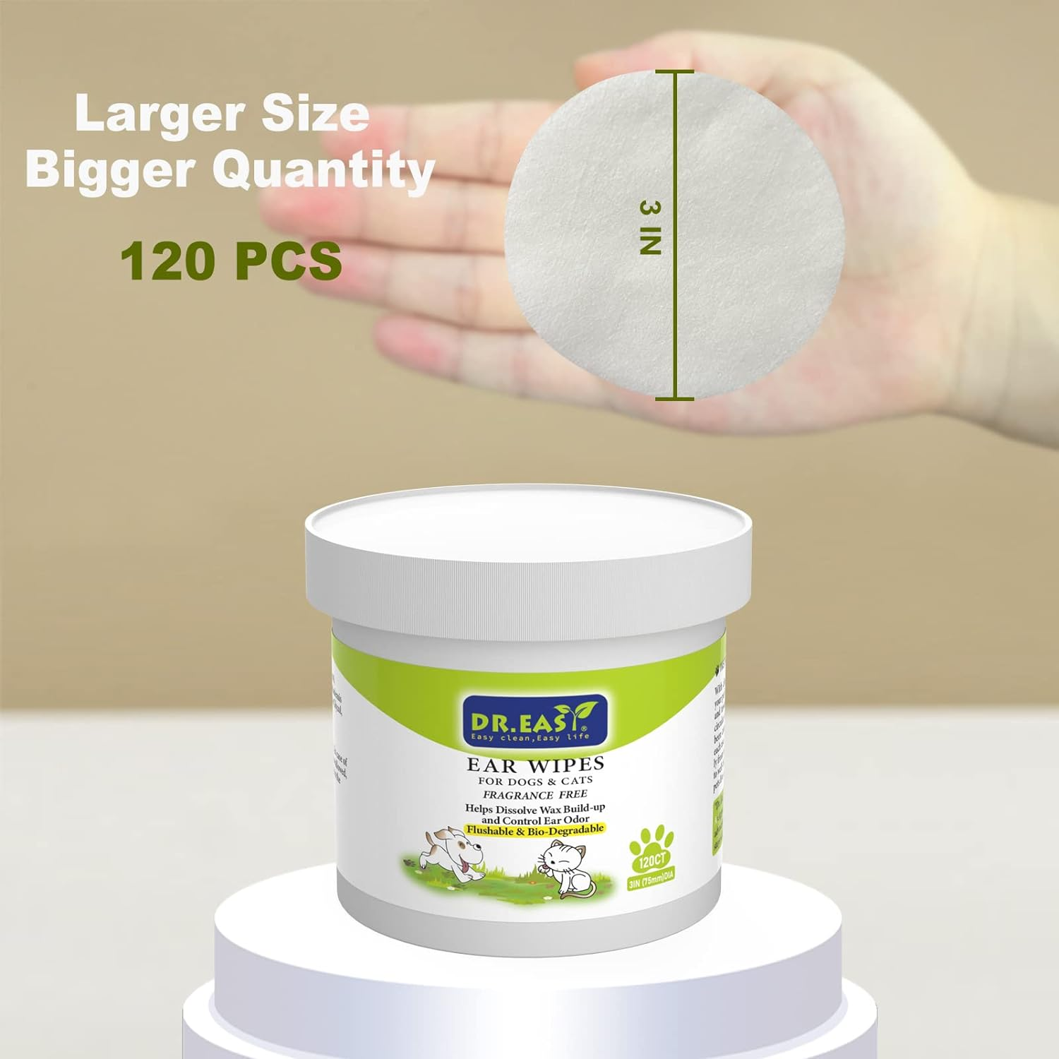 Dr.Easy 120Ct Pet Ear Grooming Wipes for Dogs &Cats Fragrance Free，Helps Dissolve Wax Build-Up and Control Ear Odorflushable & Compostable，Stop Ear Itching Natural Cleansing (Pack of 1) image number 2