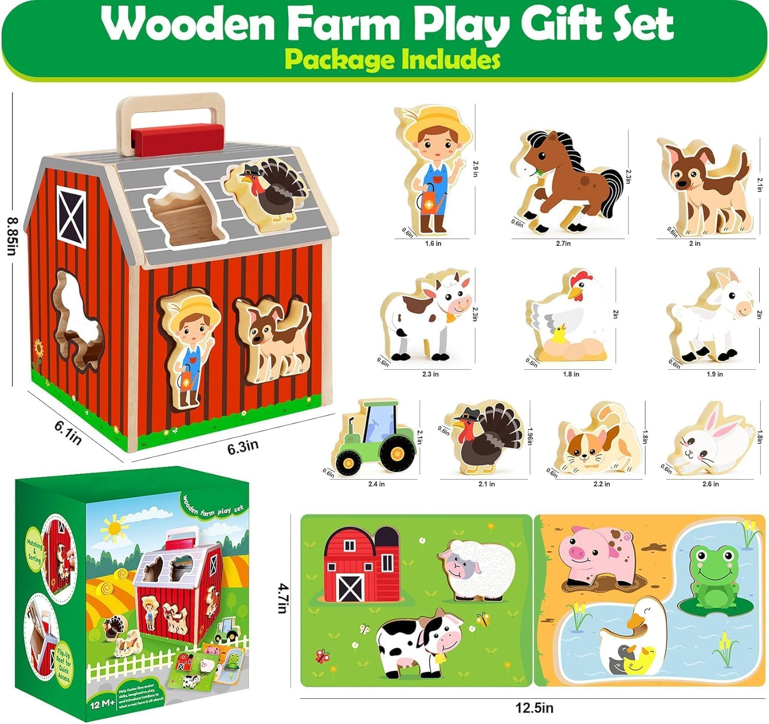 Wooden Farm Animals Shape Sorter Toys, Take-Along Sorting Barn Toy with Baby Chunky Puzzles, Montessori Shape Sorting Learning Toys for Fine Motor Games for Toddlers Kids Ages 2+ image number 6