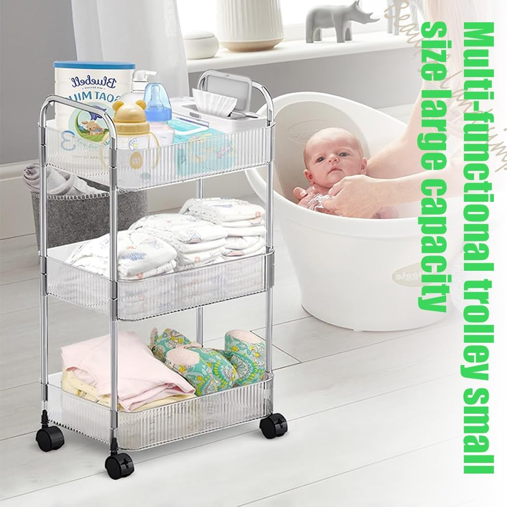 3-Tier Acrylic Storage Rolling Cart, Clear Bathroom Organiser Trolley, Snack Rolling Shelf with Wheels, Movable Storage Organizer for Office Bathroom Kitchen image number 1