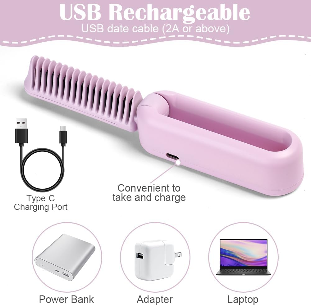 AOOWU Straightening Brush, Foldable Hair Straightener Brush, Beard Straightener for Men, Mini Electric Beard Straightener, Wireless Straightening Comb Prevents Hair Pulling, Quick Heating, 9 image number 1