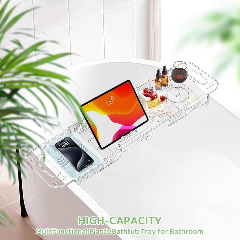 Kirbybear Expandable Bathtub Tray Caddy, Clear Bath Shelf Organizer for Tub, Multifunctional Bathroom Storage Rack for Candle, Towel, Book, Wine, Phone & Spa Relaxation image number 1