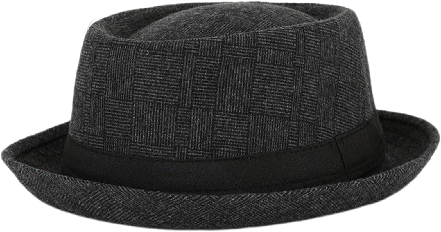 HEYANN Men'S Pork Pie Hat, Plaid Tweed Pork Pie Hat &ndash; Short Brim Fedora Hats round Crown Retro Flat Cap for Spring & Fall Beach, Party Hat