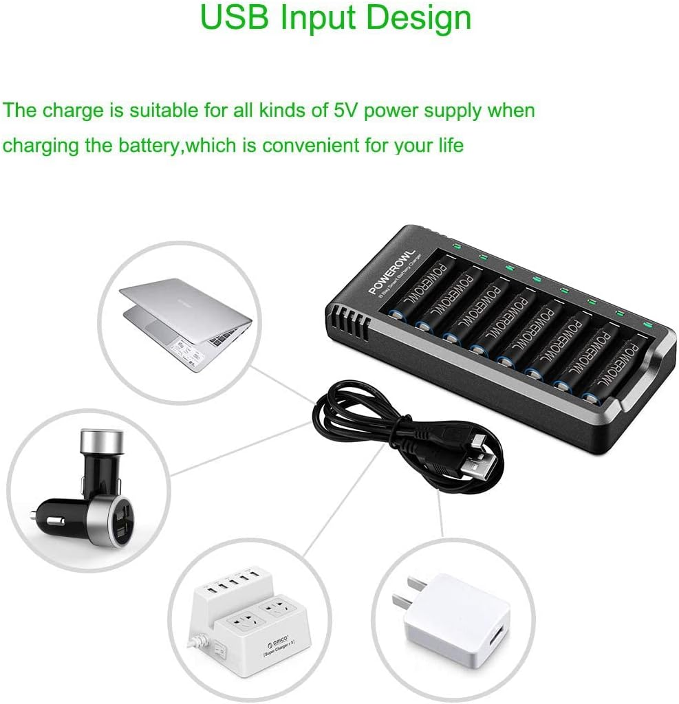 POWEROWL Rechargeable Batteries AA with 8 Bay Battery Charger, USB High-Speed Charging, Independent Slot, for AA AAA Ni-Mh Ni-Cd Rechargeable Batteries image number 1