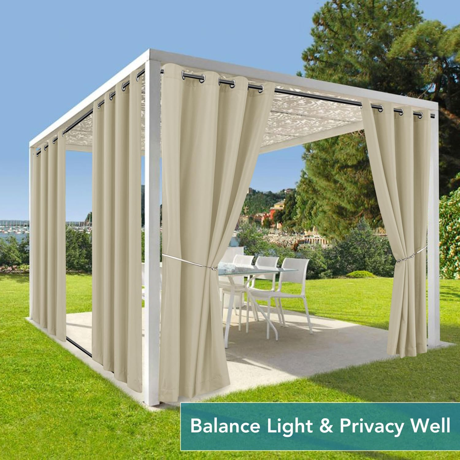 Holidayideas Outdoor Curtains for Patio Waterproof 4 Panels 110X84 Inch-Windproof Weatherproof Privacy Wide Cream Curtains-Grommet Top and Tab Bottom Drape for Pergola, Porch, Gazebo, Backyard image number 6