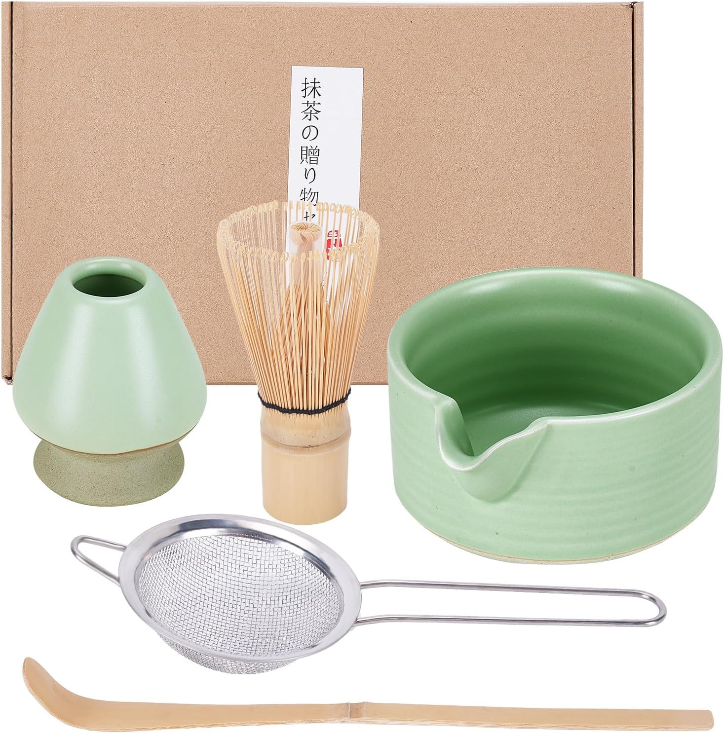 Matcha Whisk Set,5Pcs Household Matcha Kit,Elegant Japanese Matcha Tea Set,Ceramic Matcha Bowl with Spout, Matcha Whisk Holder,Bamboo Whisk, Stainless Sifter & Scoop for Tea Lover-Green