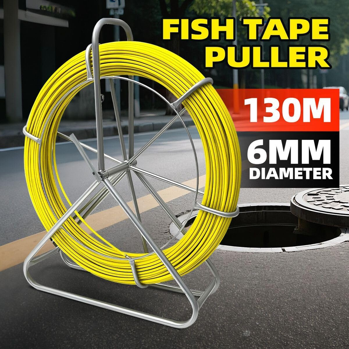 AUSWAY Fish Tape Puller Fibreglass 130Mx6Mm Wire Cable Running Duct Rodder Electrical Fishtape Pulling Rod NBN Tool Brake Portable Steel Reel Stand Sewer image number 3