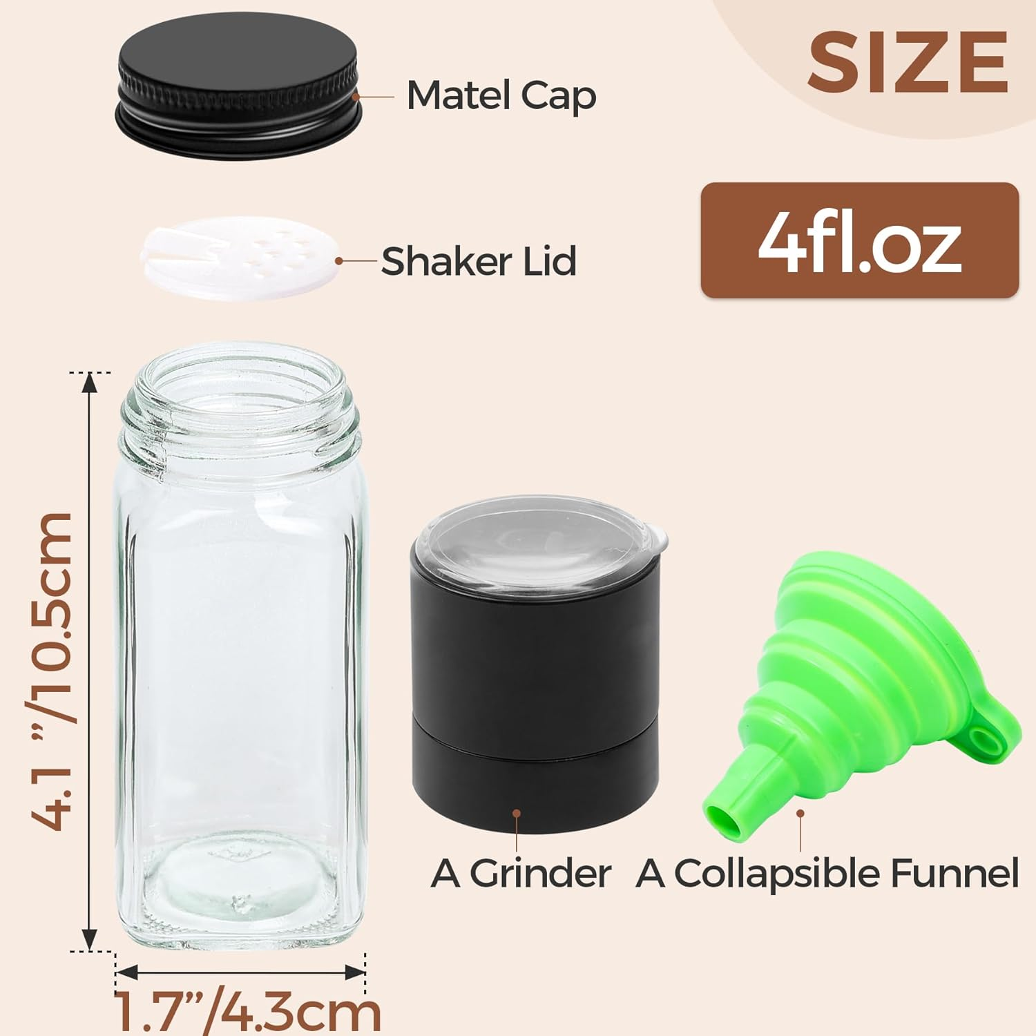 Comsaf 24Pcs 4Oz Spice Jars with Metal Lids, Square Glass Spice Containers with 93 Labels, Seasoning Shaker with Collapsible Funnel Pepper Grinder, Empty Spice Bottles for Kitchen Drawers Cabinet image number 1