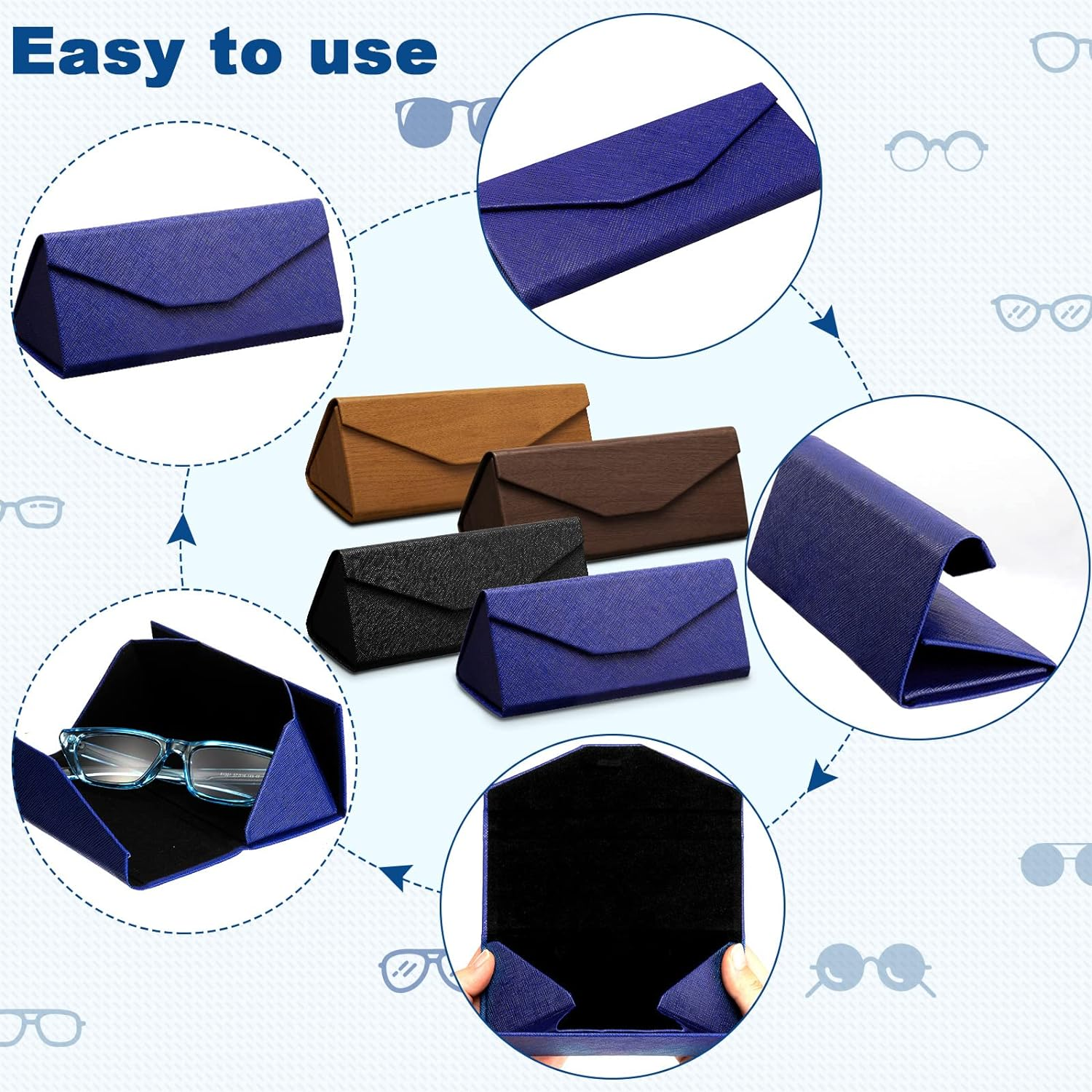 Flutesan 4 Pack Foldable Glasses Sunglasses Case PU Hard Shell Eyeglasses Case Leather Glass Case 4 Cleaning Cloths - Classic Color image number 4