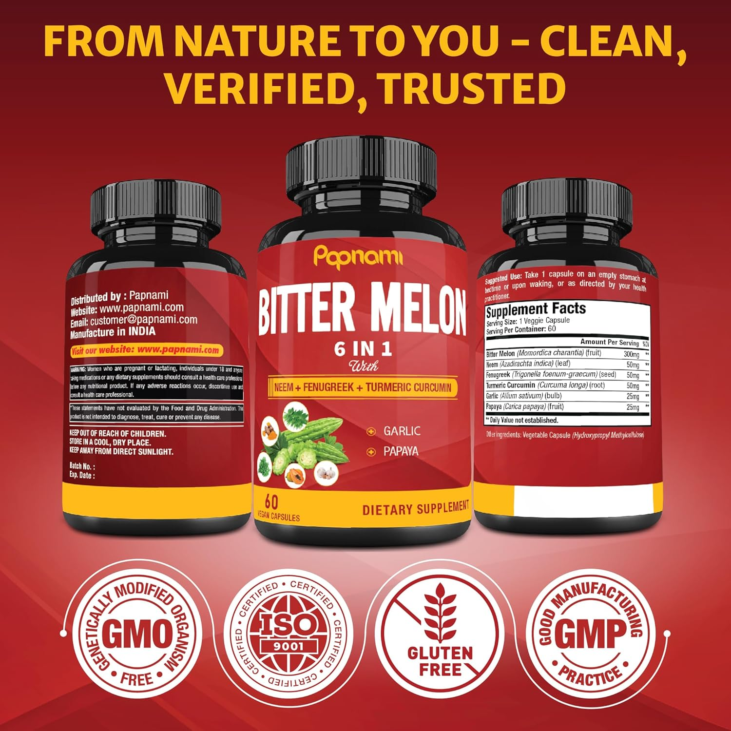 Organic Bitter Melon Extract Capsules - 60 Pills 2 Month - Combined Neem, Fenugreek, Curcumin, Garlic & Papaya image number 2