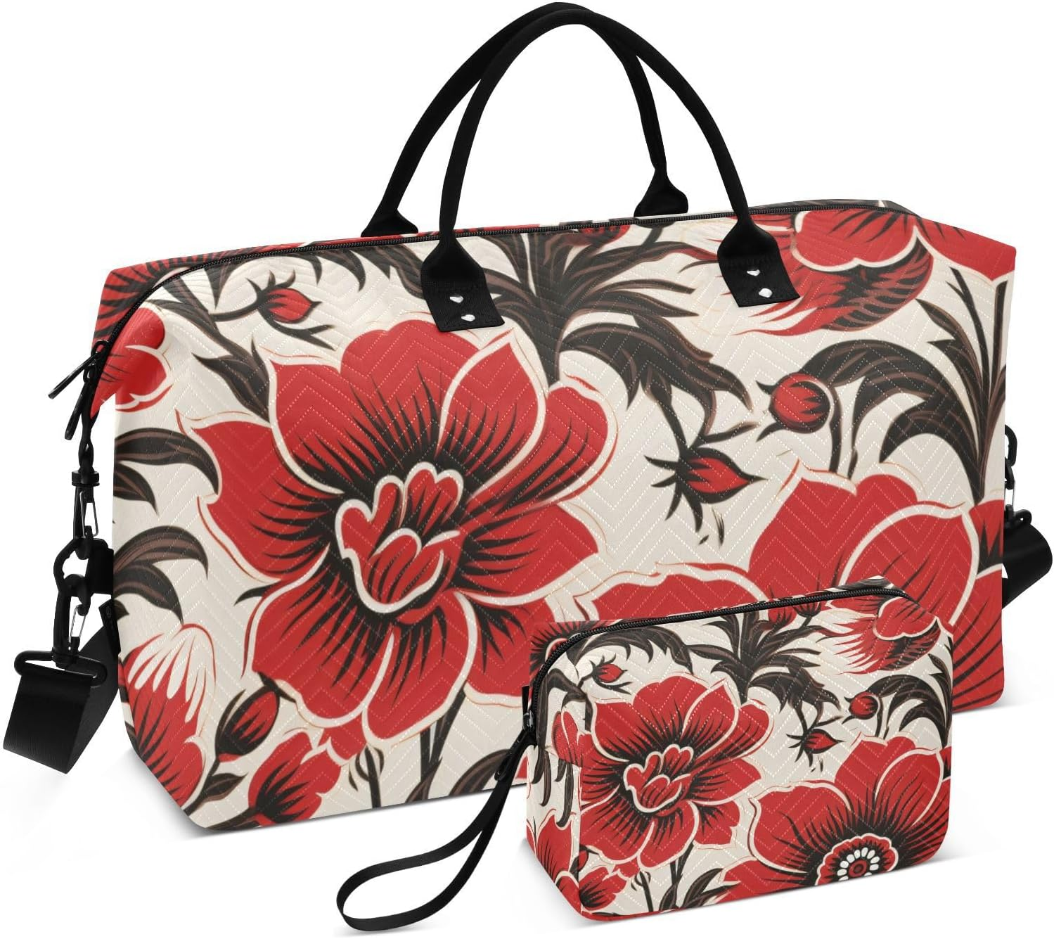 Red Flowers Abstract Retro Travel Tote Bag Travel Weekender Gear Bag Gym Bag with Toiletry Bag for Trip Waterproof, Red Flowers Abstract Retro, 1 Size image number 5