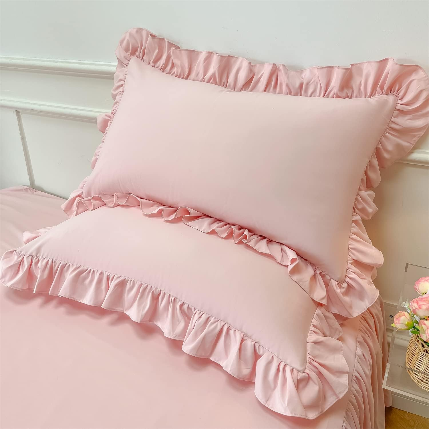 MOOWOO Girls Bedding,Waterfall Ruffle Duvet Cover -Full 3 Piece Shabby Chic Bedding Solid Color Soft and Breathable with Zipper Closure,Corner Ties,Aesthetic Bedding-Pink,Full image number 6