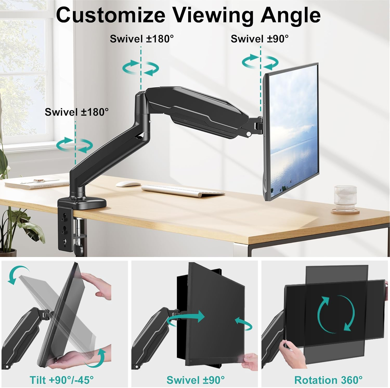 Mount PRO Single Monitor Mount,Articulating Gas Spring Monitor Arm,Fits 13 to 32 Inch LCD Computer Monitors,Holds 17.8Lbs,Adjustable VESA Mount Desk Stand with Clamp,Grommet Base,Vesa 75X75,100X100 image number 2