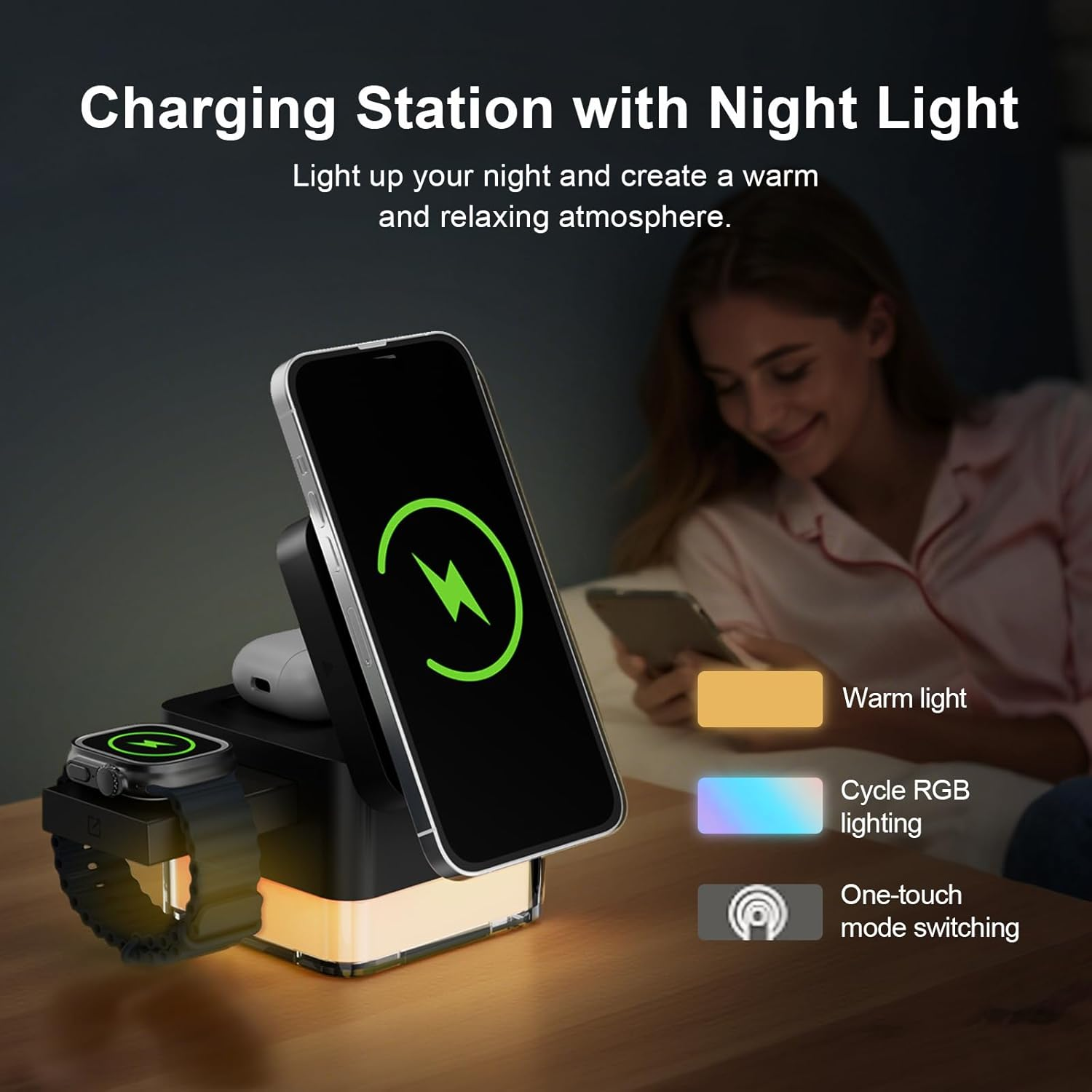 4 in 1 Magnetic Wireless Charging Station,Wireless Charger Stand with Night-Lamp,3-In-1 Charger Dock for Iphone 16/15/14/13 Pro Max,Apple Watch, Airpods & Multiple Devices image number 3