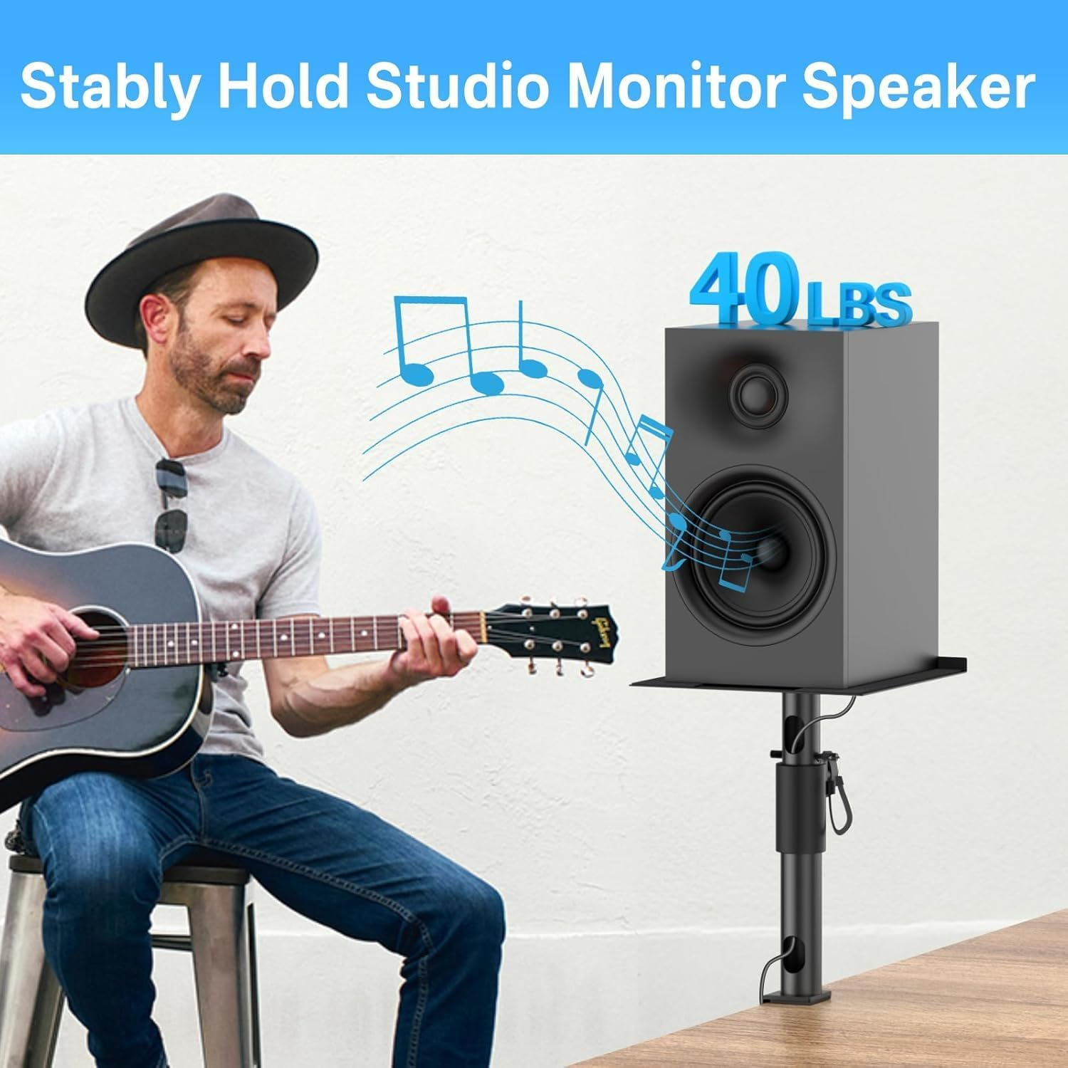 Desktop Speaker Stands, One Pair, for Studio Monitor Speaker Stands, Adjustable Height, 30 Lbs, 10 Degrees Tilt, Desk Clamp Stand (Black)