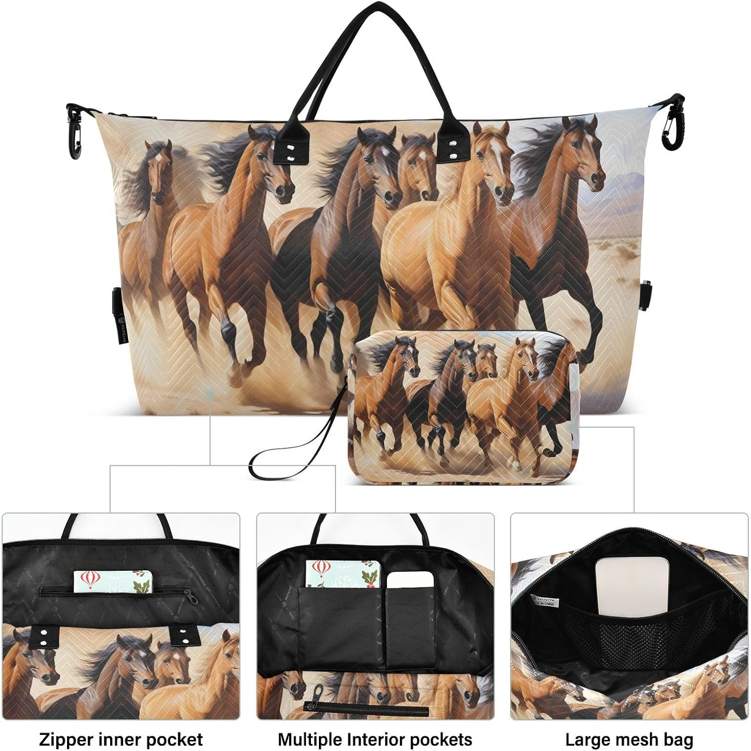 XYMZR Large Travel Duffel Bag, Horse Herd in Desert Sports Tote Gym Bag, Shoulder Weekender Overnight Bag for Women Men, Carry on Luggage with Toiletry Bags, Multi-Colored, Multi-Colored image number 6