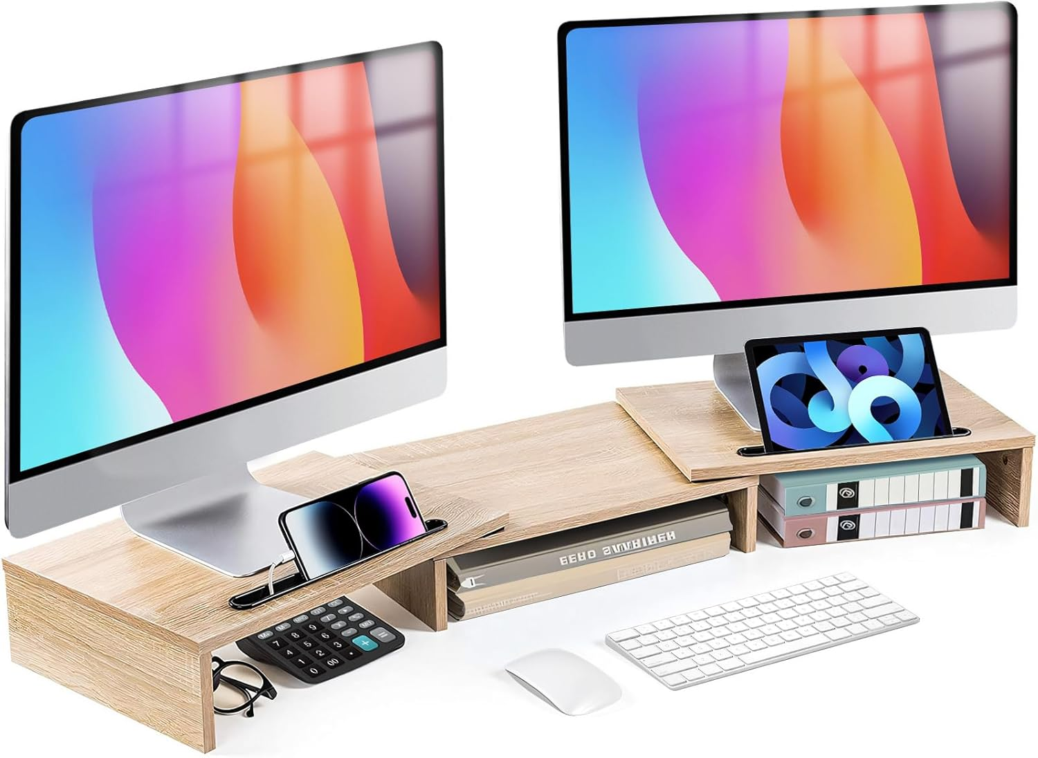 DAWNTREES Dual Monitor Stand Riser 3 Shelf Screen Stand with Adjustable Length and Angle, 2 Extra for PC, Computer, Laptop