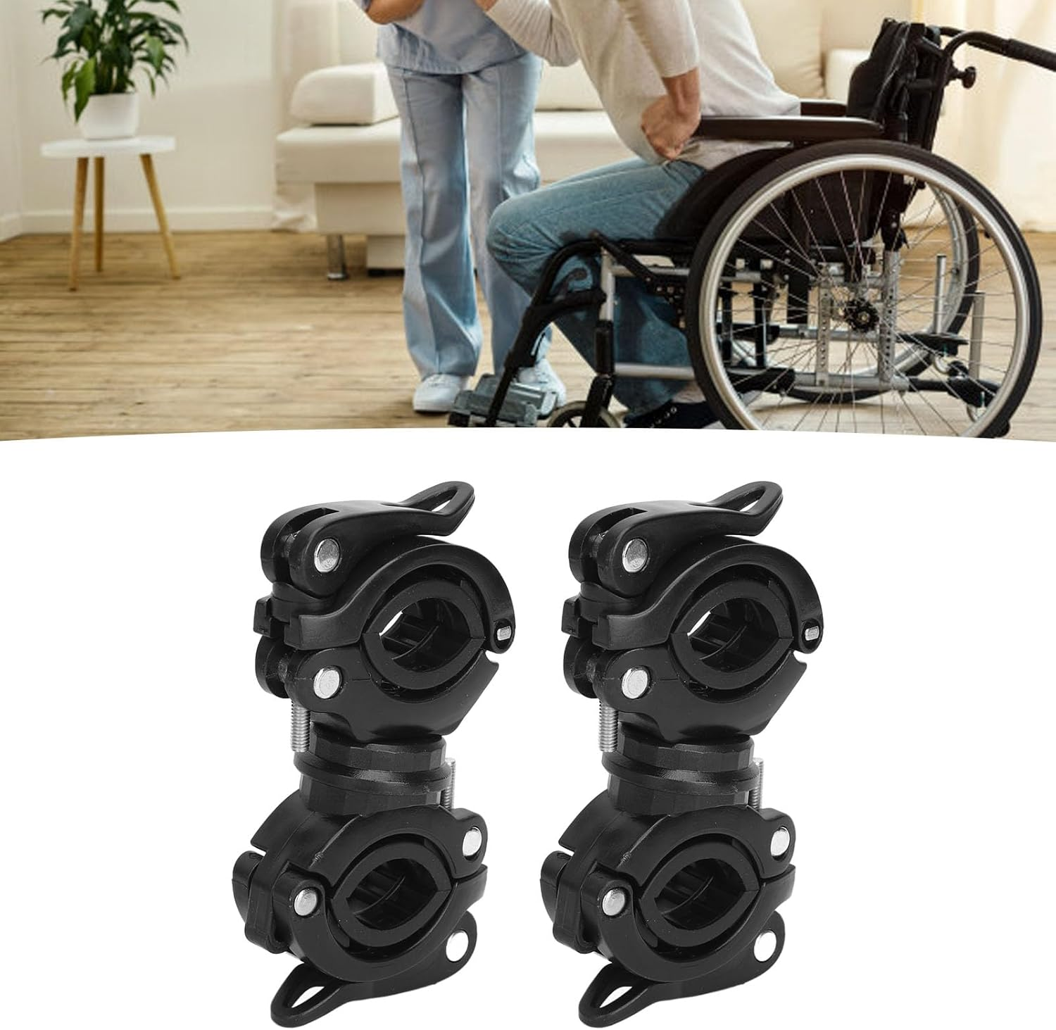 2 Pack Cane Holder, Adjustable Walking Stick Holder for Wheelchair 1.8‑3.8Cm Wheelchair Tube, Universal Crutches Stick Bracket Accessories for Wheelchair, Mobility Scooter (Black) image number 2