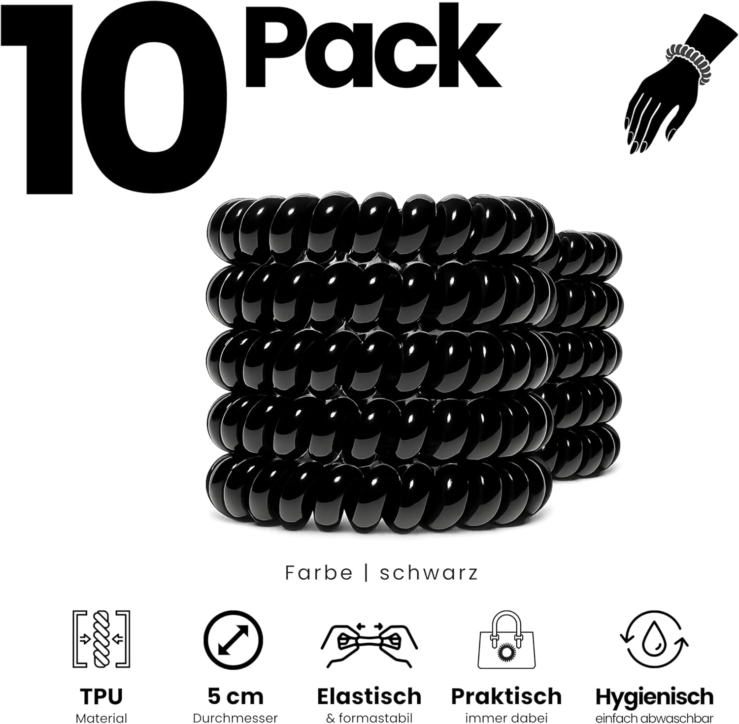 Specora - Spiral Hair Scrunchies Pack of 10-5 Cm TPU Black image number 2