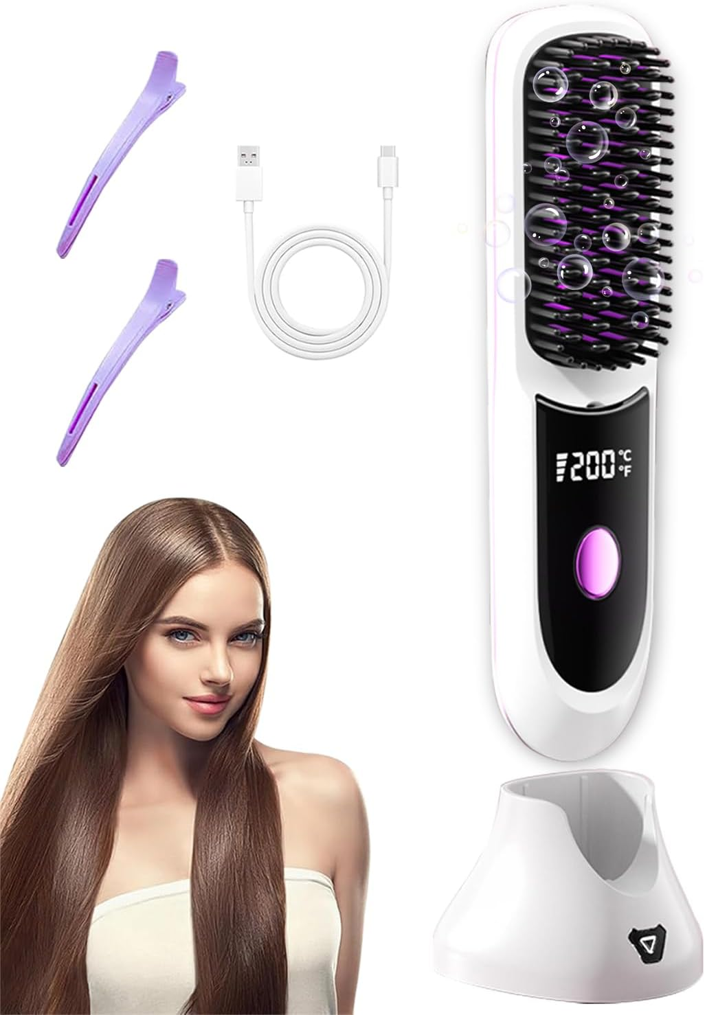 Go Brush Pro Hair Straightener &ndash; Cordless Comb with Base Negative Ion, 6000Mah Fast Heating & Portable Travel Design, Rechargeable Brush for Straightening and Curling (Black-1Pcs)