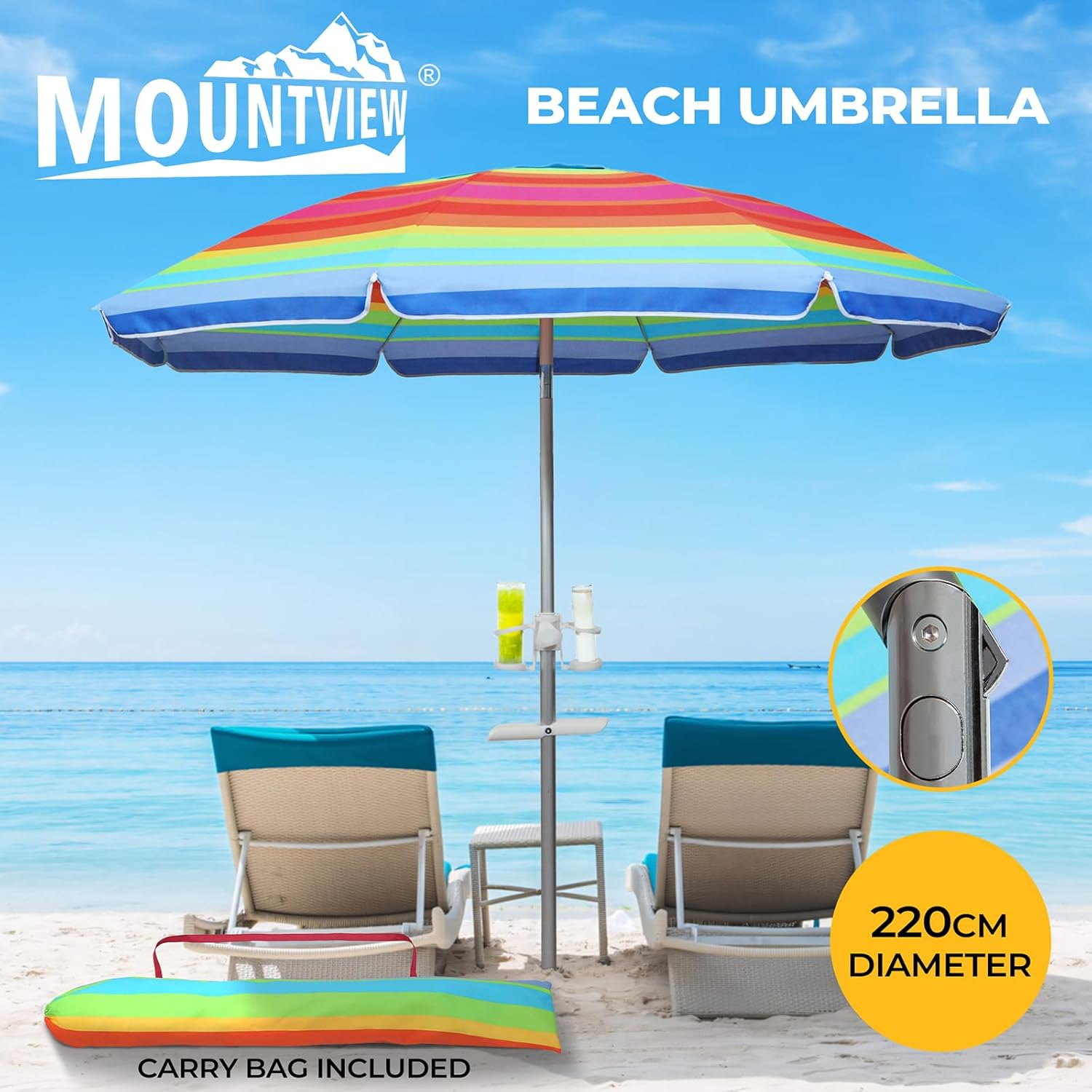 2M/2.2M Sand Beach Umbrella, Heavy Duty High Wind Parasols with Sand Anchor & Tilt Sun Shelter, UV 50+ Protection Outdoor Sunshade Umbrella with Carry Bag for Patio Garden Beach Pool Backyard Stripe image number 6