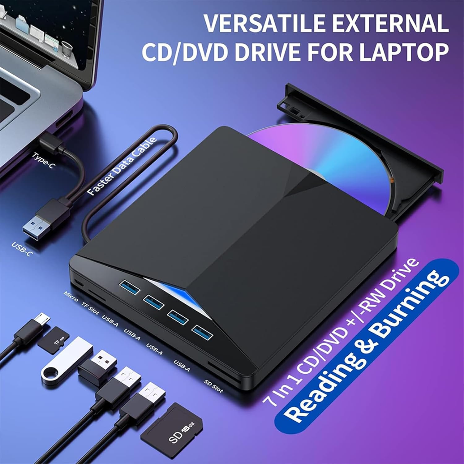 Versatile External Optical CD/DVD Drive - USB 3.0 and Type-C Interface, 7 in 1 for Desktop, Laptop, Mac, PC, Windows, Linux - ROM +/-RW Adapter with USB Port image number 4