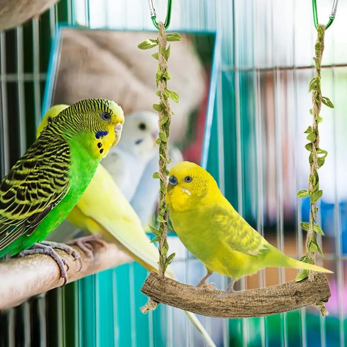 AIMALL Parrot Swing Station with Rattan Wood Pole, and Green Carabiner &ndash; Birdcage Decoration and Perch for Parrots image number 5