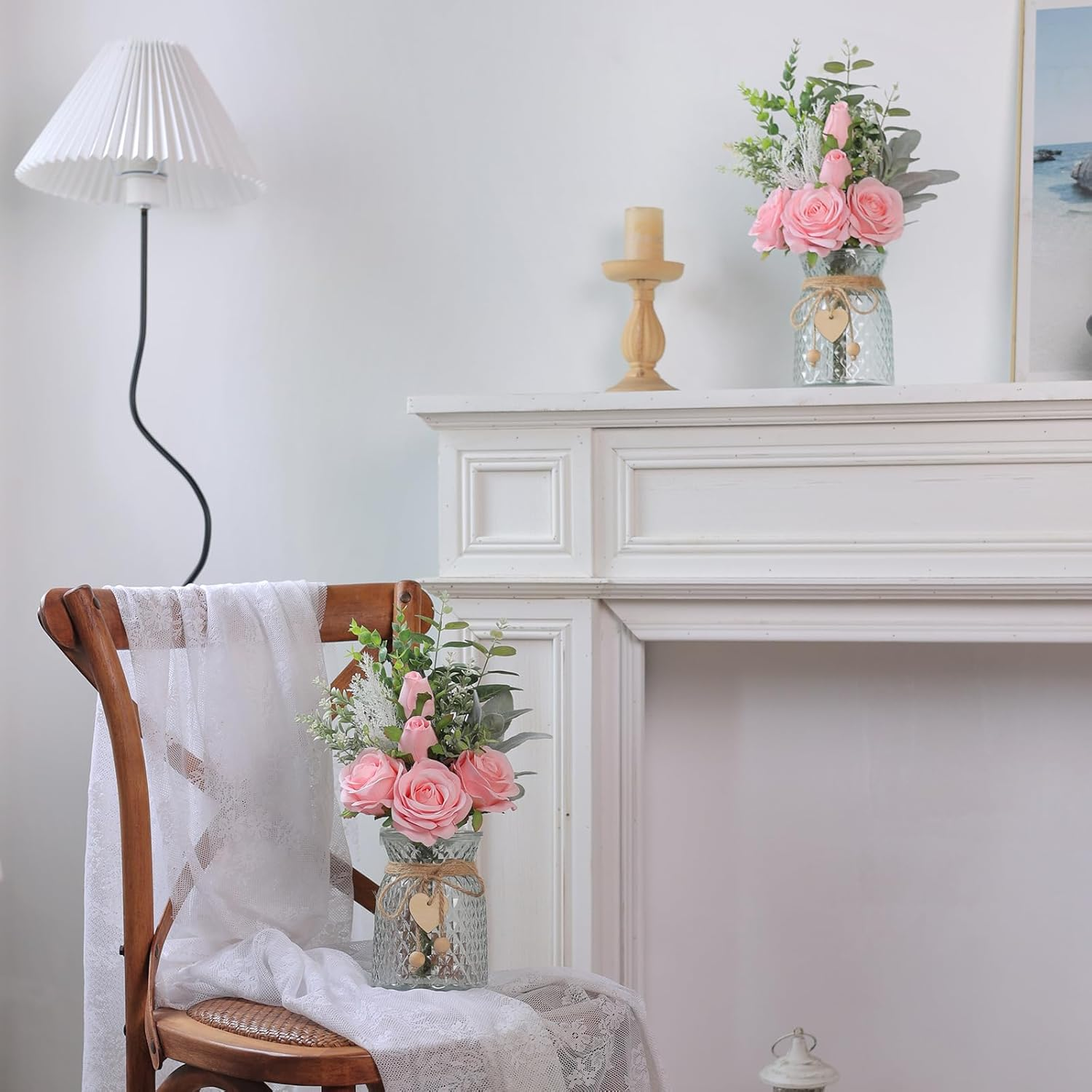 Faux Flowers with Vase,Artificial Silk Roses in Vase, Fake Plant Eucalyptus Flower Arrangement for Home Office Farmhouse Bathroom Dining Table Centerpiece Decorations Coffee Table Decor (Pink) image number 1