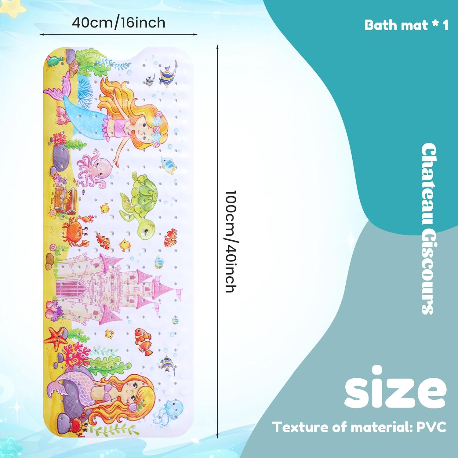 Baby Bath Mat Cartoon Kids Bathtub Mat Non Slip with Suction Cup Drain Holes 40X16In Toddler Shower Mat Machine Washable Bath Tub Shower Mat Reusable Bath Mat for Tub Bathroom (Mermaid Castle) - Mermaid Castle image number 2