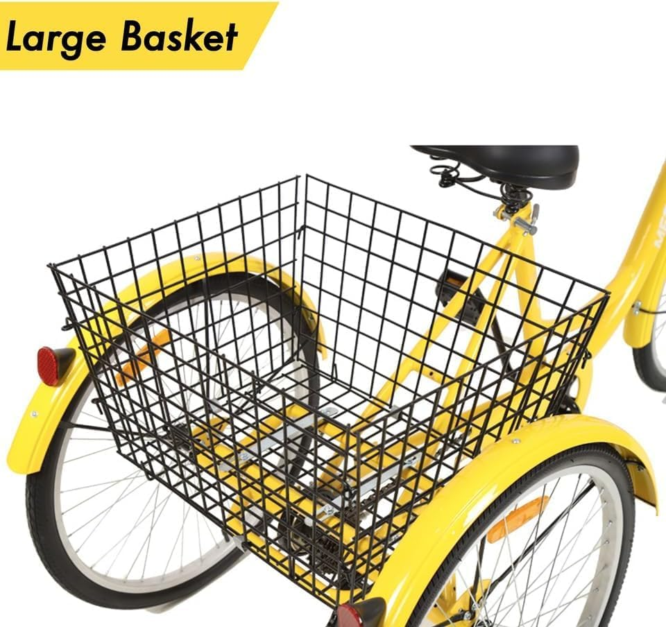 3-Wheel Adult Tricycle 7-Speed 26 Inch Trike Three Wheel Bike Large Load Capacity with Front/Rear Brakes Padded Seat Rear Basket Free Lock