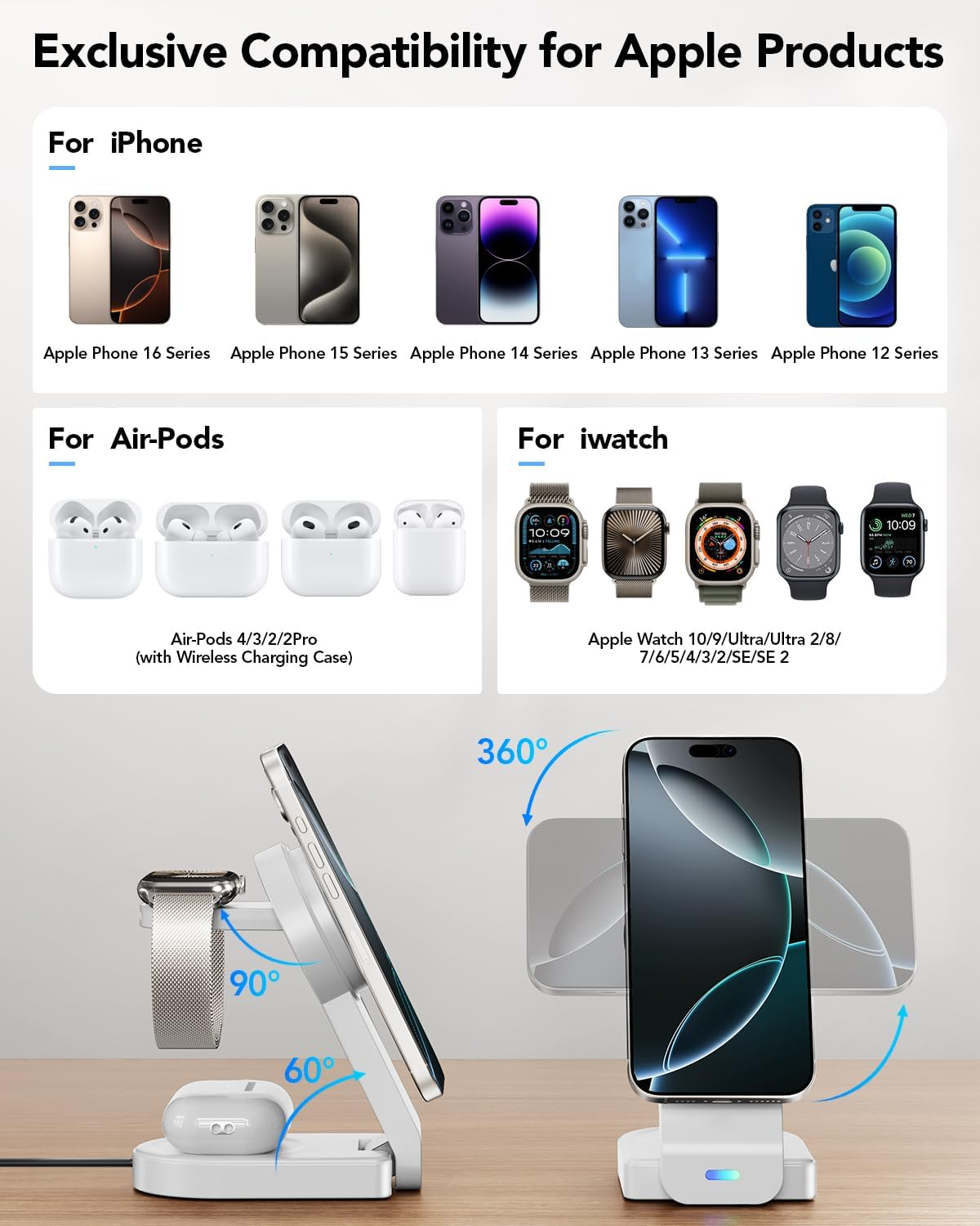 Foldable Magnetic Wireless Charger Compatible with Apple Devices,3 in 1 Wireless Charging Station for Iphone 17/16/15/14,Apple Watch Ultra 3/Ultra/Seires 11/10/9/8/7/6/Se,Air-Pods Pro 3/4/3/Pro(White) image number 6