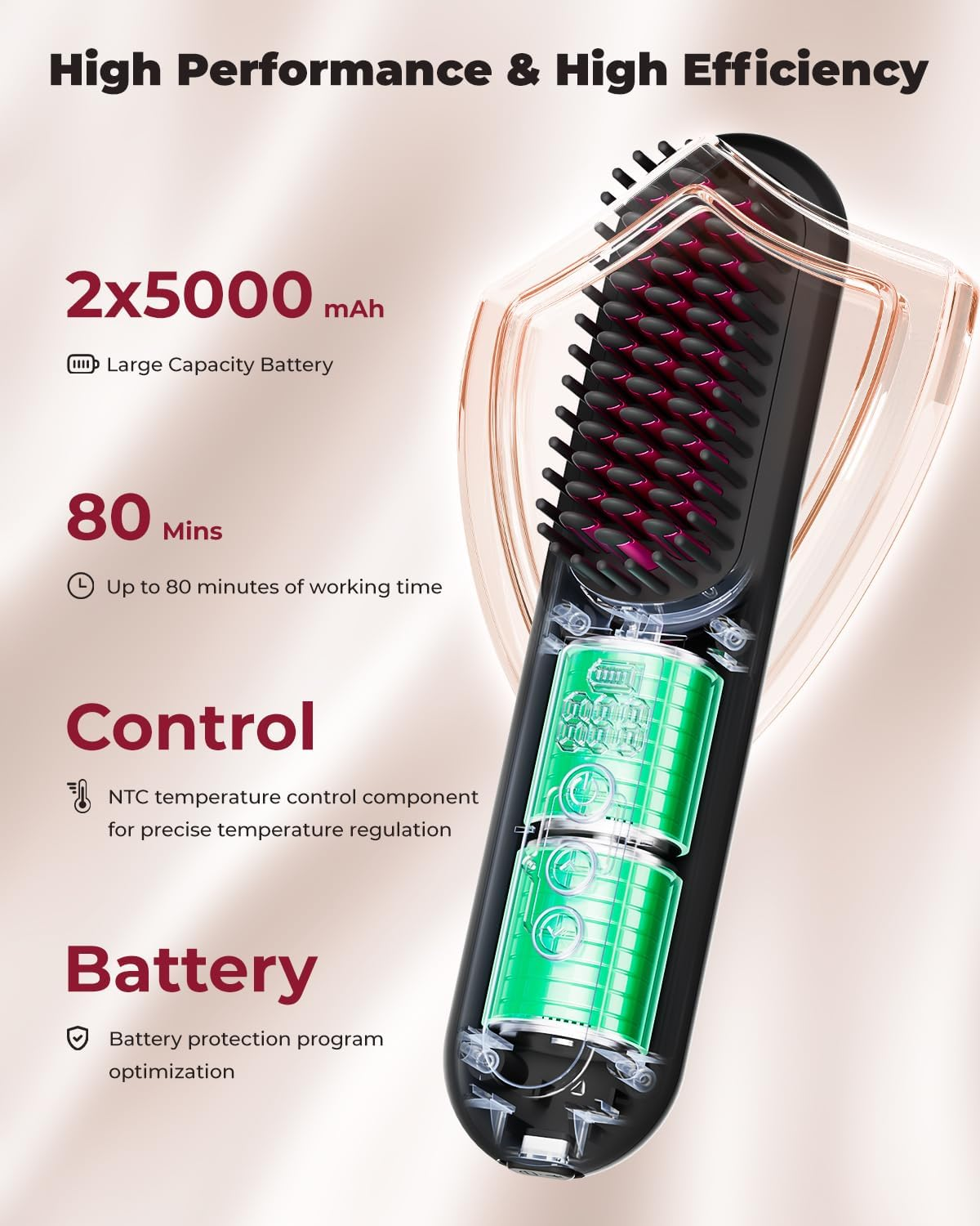CARER SPARK Wireless Straightening Brush, Portable Mini Hair Brush for Travel with Millions of Negative Ions, Ultra-Long Working Time of 80 Minutes, 9 Temperature Levels, 150&deg;C - 230&deg;C image number 2