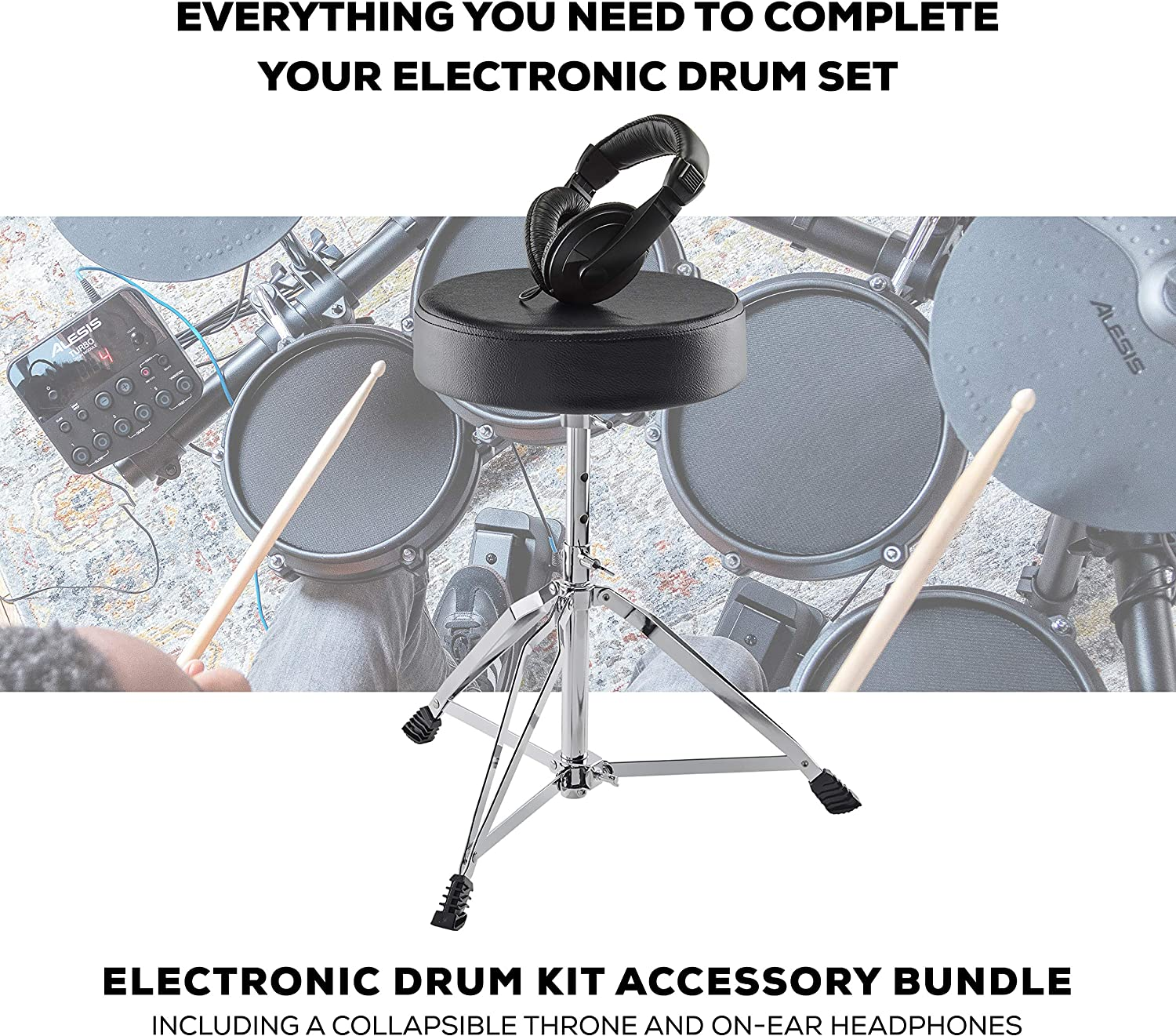 Alesis Drum Essentials Bundle &ndash; Complete Electric Drum Set Accessory Pack Including a Drum Throne and On-Ear Headphones image number 1