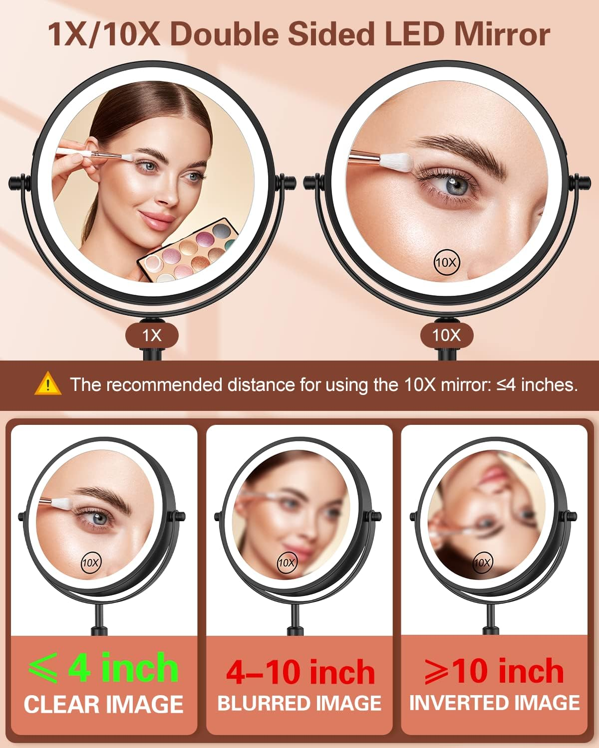 Benbilry Lighted Makeup Mirror with Adjustable Stand, [3 Color Dimmable Lights & 1X/10X Magnification & Type-C Rechargeable] 7" Double Sided Vanity Mirror, 360&deg; Swivel Cordless Standing Mirror Black - Gold image number 4