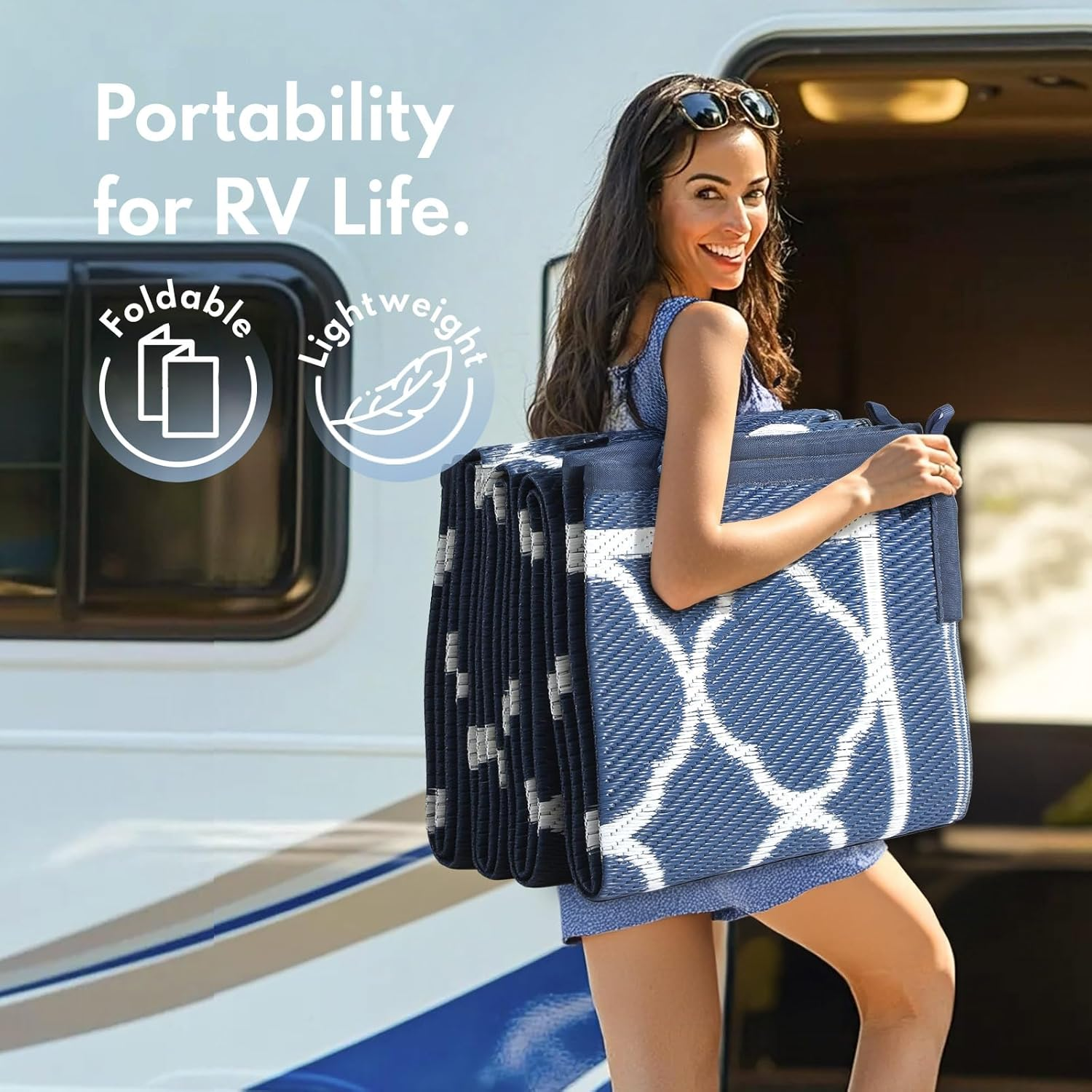 Waterproof Outdoor Rug 5X8 Ft, Reversible Plastic Straw Rug, Easy to Clean Patio Rug, Portable Carpet for Patio, RV, Deck, Balcony, Backyard, Picnic, Beach, Clover, Navy Blue image number 4