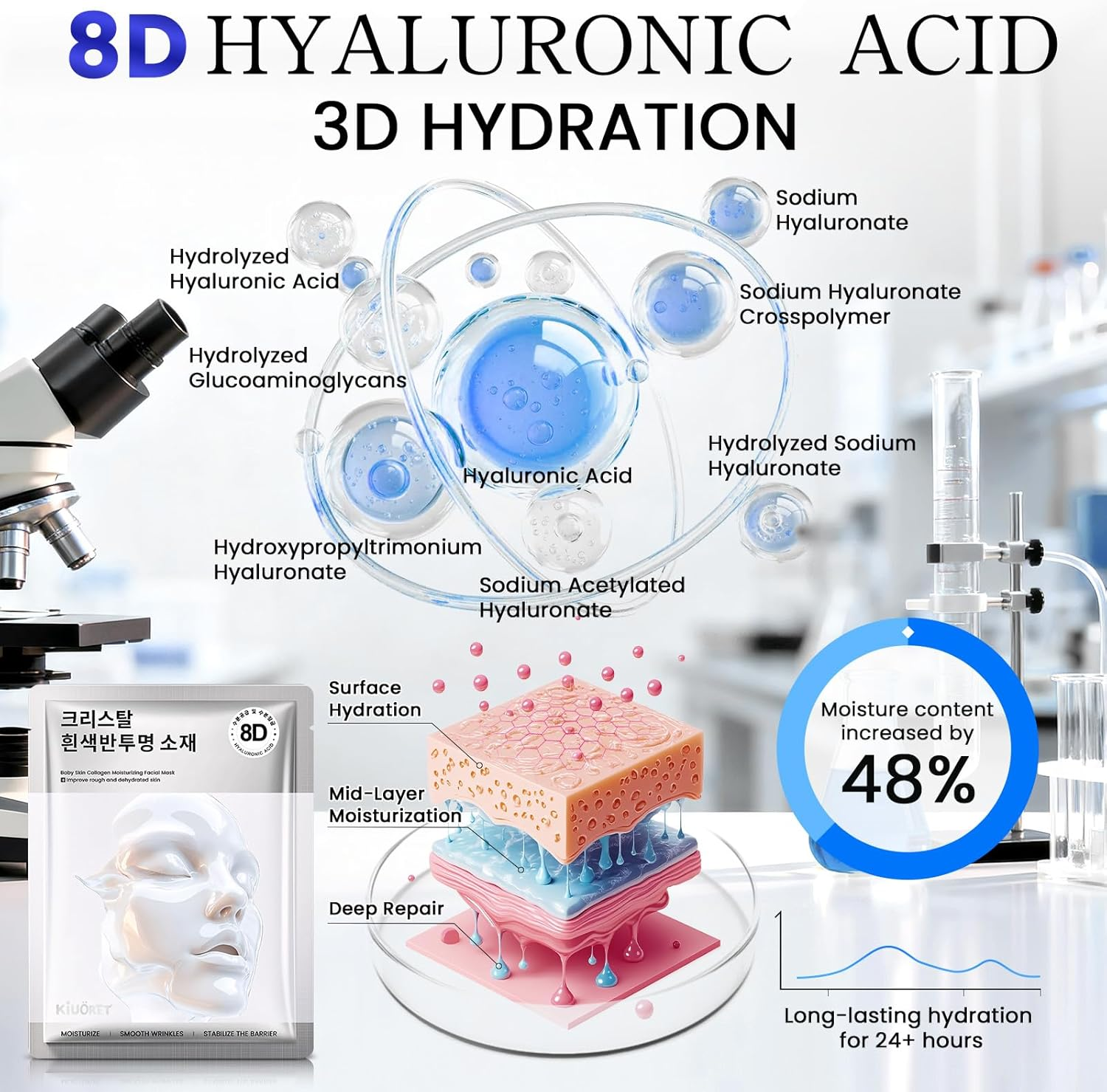 Korean Face Mask 5PCS - Baby Skin Collagen Moisturizing Mask with Hydrolyzed Collagen & 8D Hyaluronic Acid Firming Anti-Wrinkle Long-Lasting Hydration - Korean Facial Mask Fits Skin image number 3