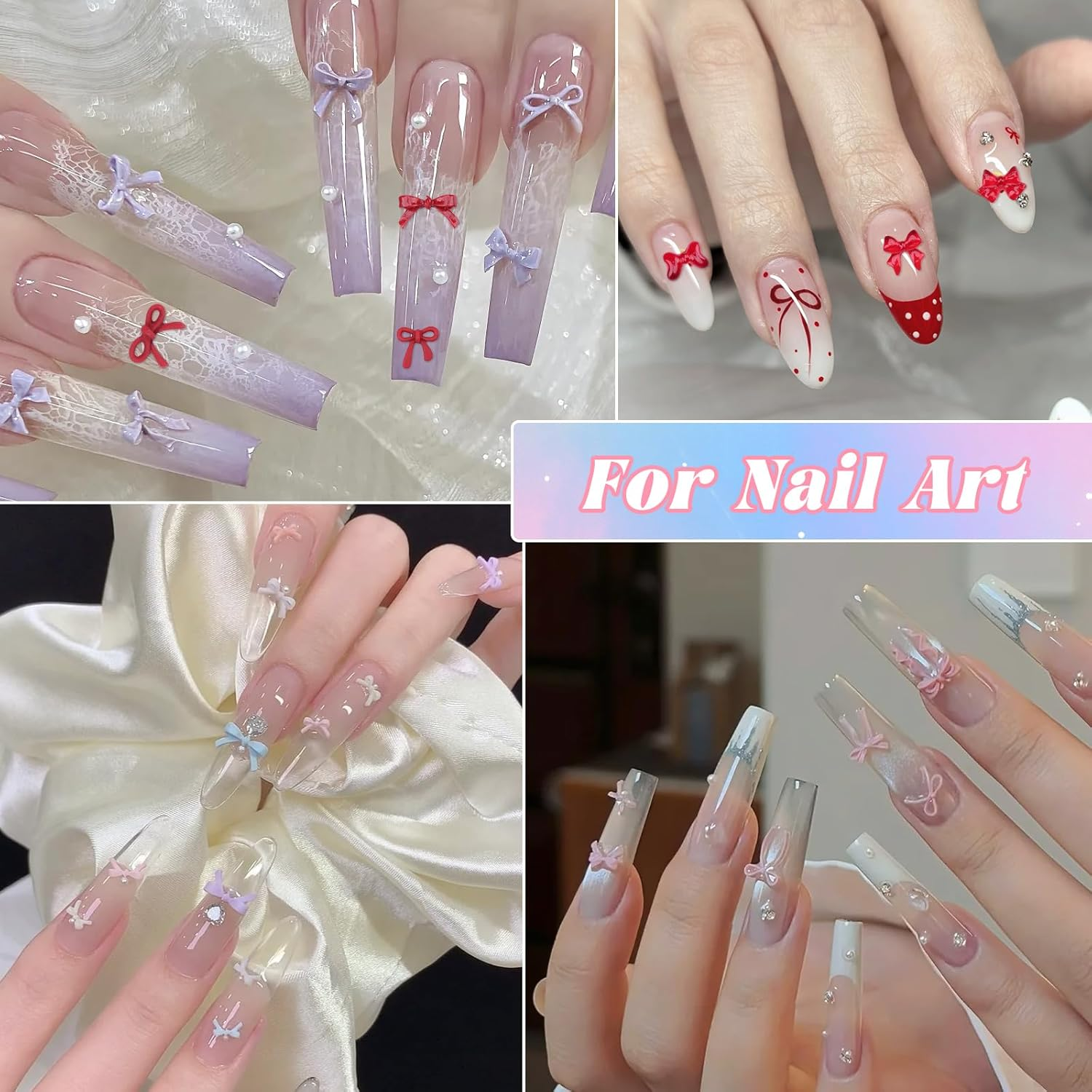 2 Boxes 3D Bow Nail Charms, Red Mini Bow Charms Transparent/Solid Resin Bow with Pickup Tools for Women Nail Decorations DIY Craft - 2B-Purple image number 2